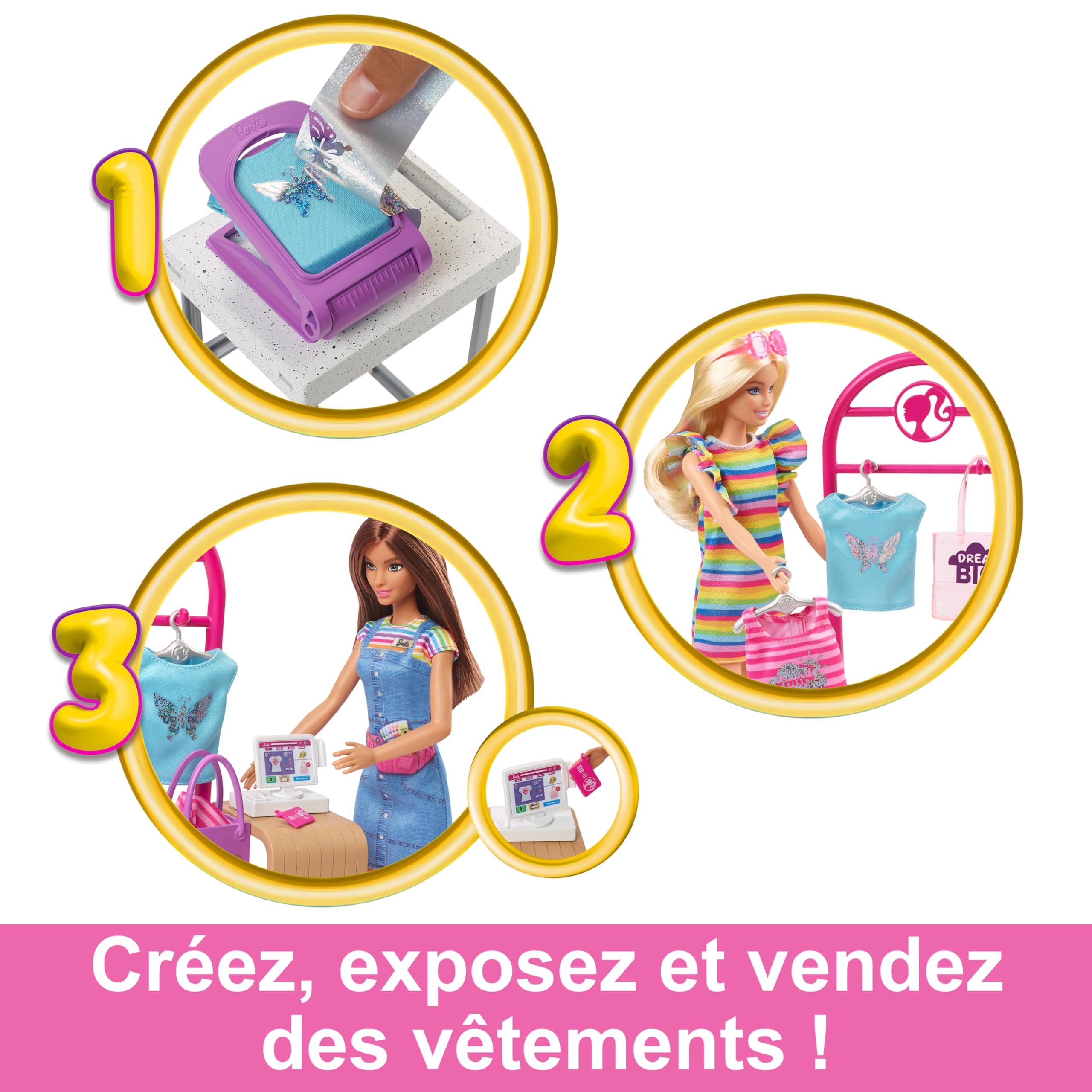Barbie Coffret Boutique Créations avec Portant, Hauts, Chapeaux, Sacs À Main Et Autres Accessoires Inclus, Plus De 150 Looks À Créer, Jouet Enfant, A Partir De 3 Ans, HKT78