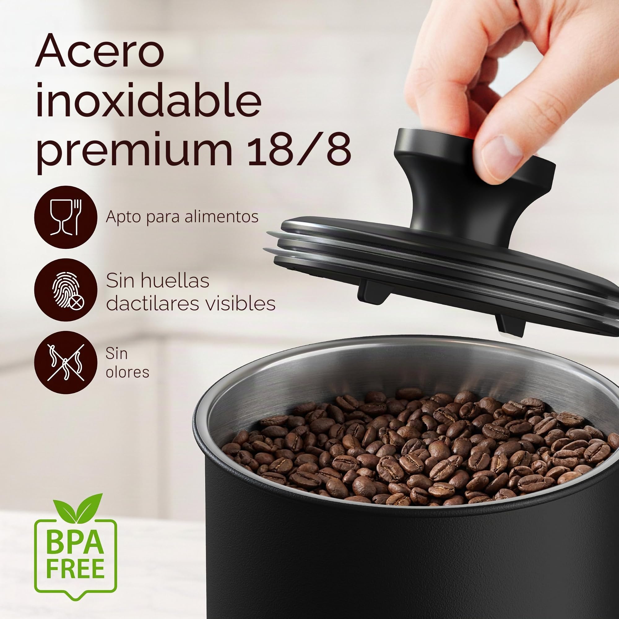KC Kitchen & Co. Lata de café hermética para 500 gramos de granos de café, de acero inoxidable, con tapa al vacío y cierre de aroma, lata de almacenamiento para café, té, azúcar, cereales, color negro