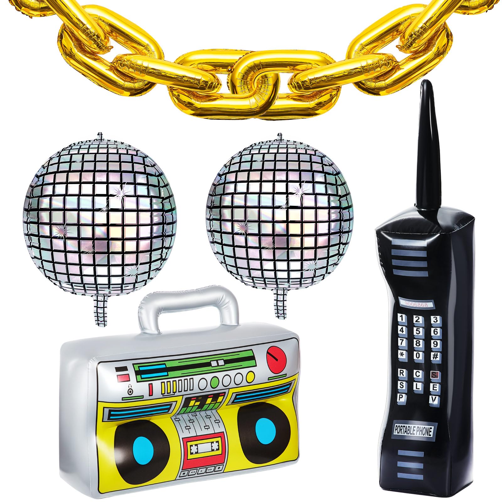 Zhanmai 18 Pcs 80s 90s Party Decorations Inflatable Radio Boombox Inflatable Mobile Phone Roller Skate Rainbow Balloons 22 Inch Disco Ball Balloons 16