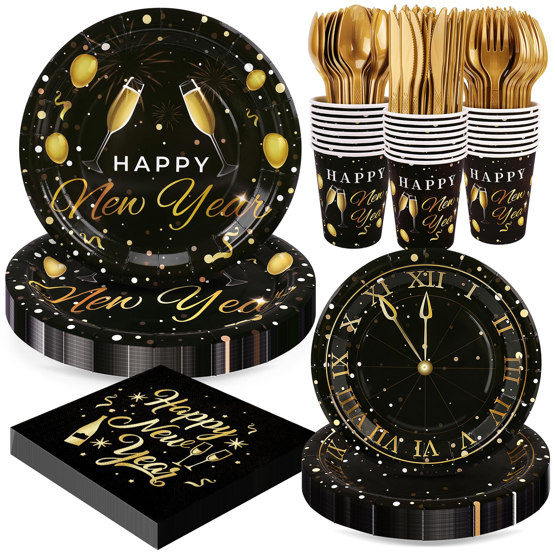 168pcs Happy New Year Party Supplies, Black and Gold Paper Plates Napkins