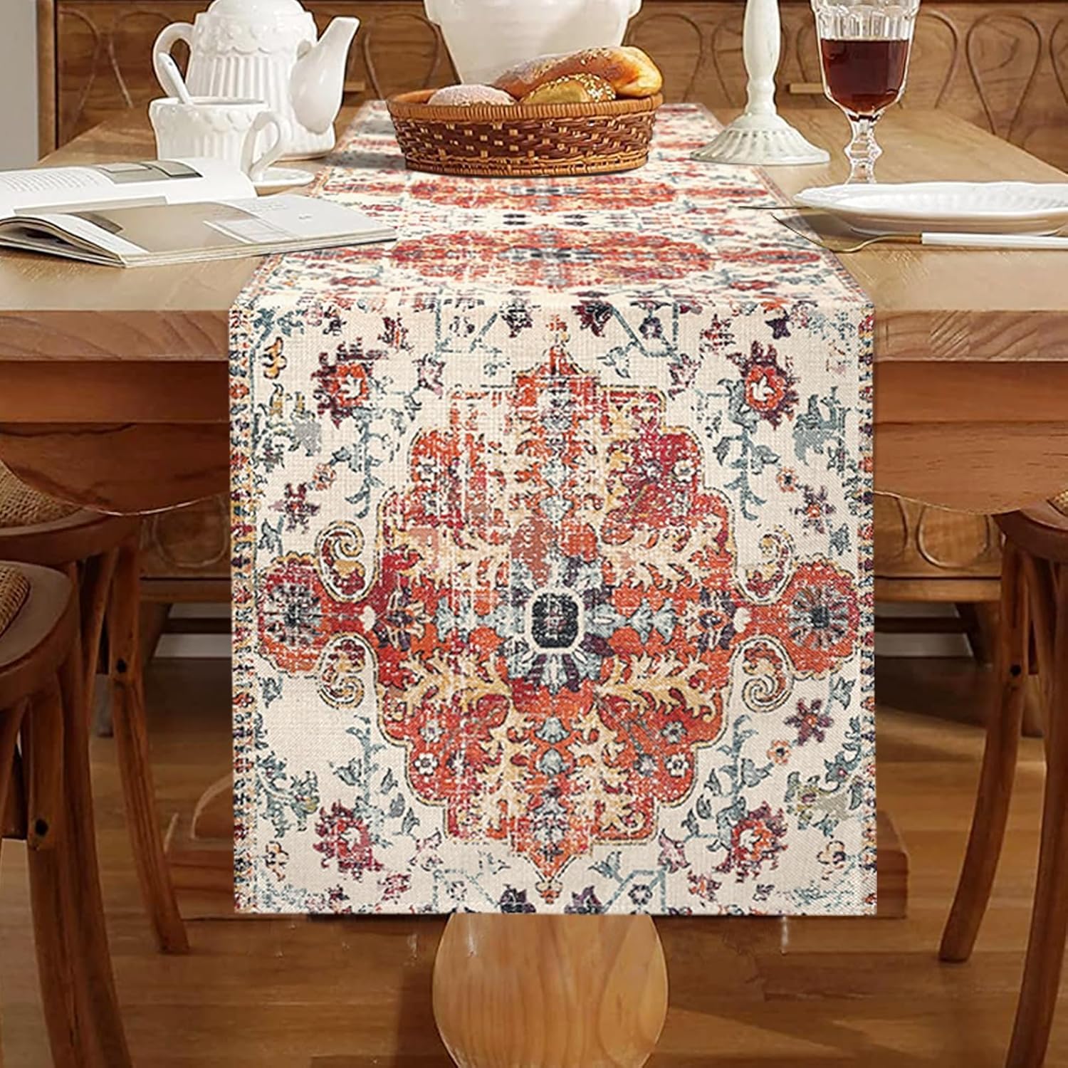 Turkish Vintage Boho Style Orange Geometry Flowers Table Runner 33 x 183 cm - Decorative for Kitchen, Party, Dining, Wedding, Restaurant & Camping