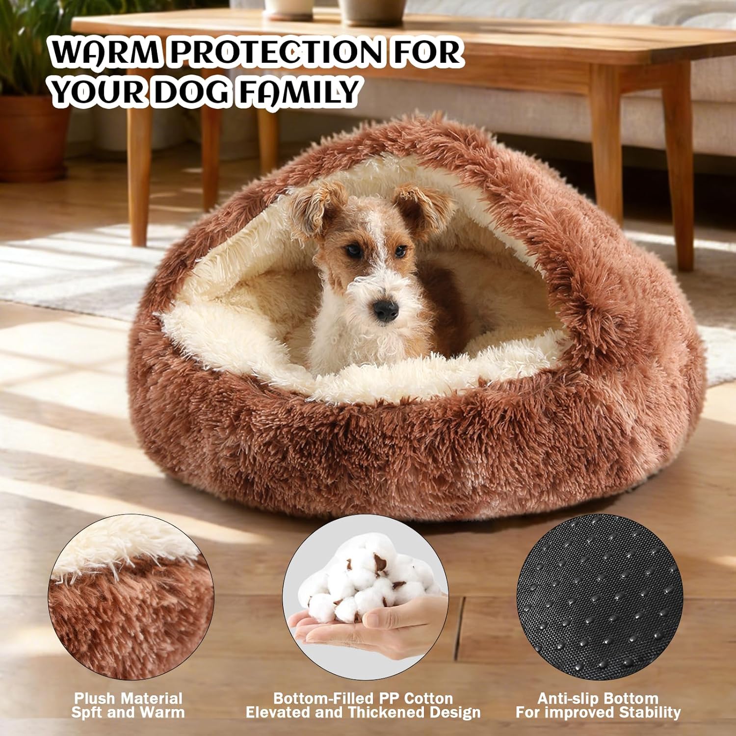 NOYAL Round Hooded Donut Dog Bed for Small & Medium Pets - Plush Fluffy Anti-Anxiety Cat Cave Bed with Cover Medium 23.6'' Bandhnu Coffee