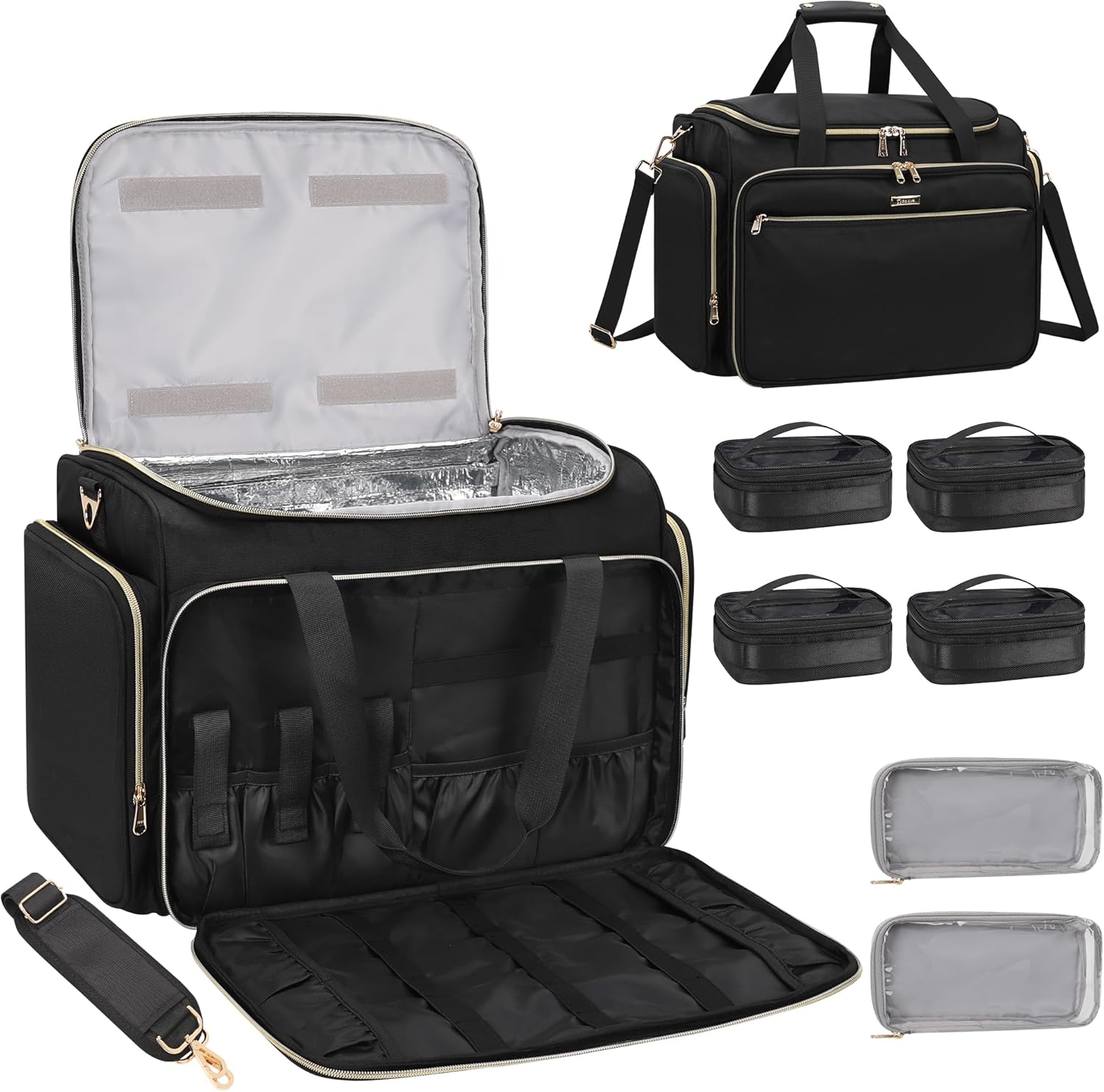 MONSTINA Professional Hairstylist Traveling Bag with Two Detachable Small Bags+Four Gadget Bag,Hairdressing Makeup Salon Organizer Bag Black 2