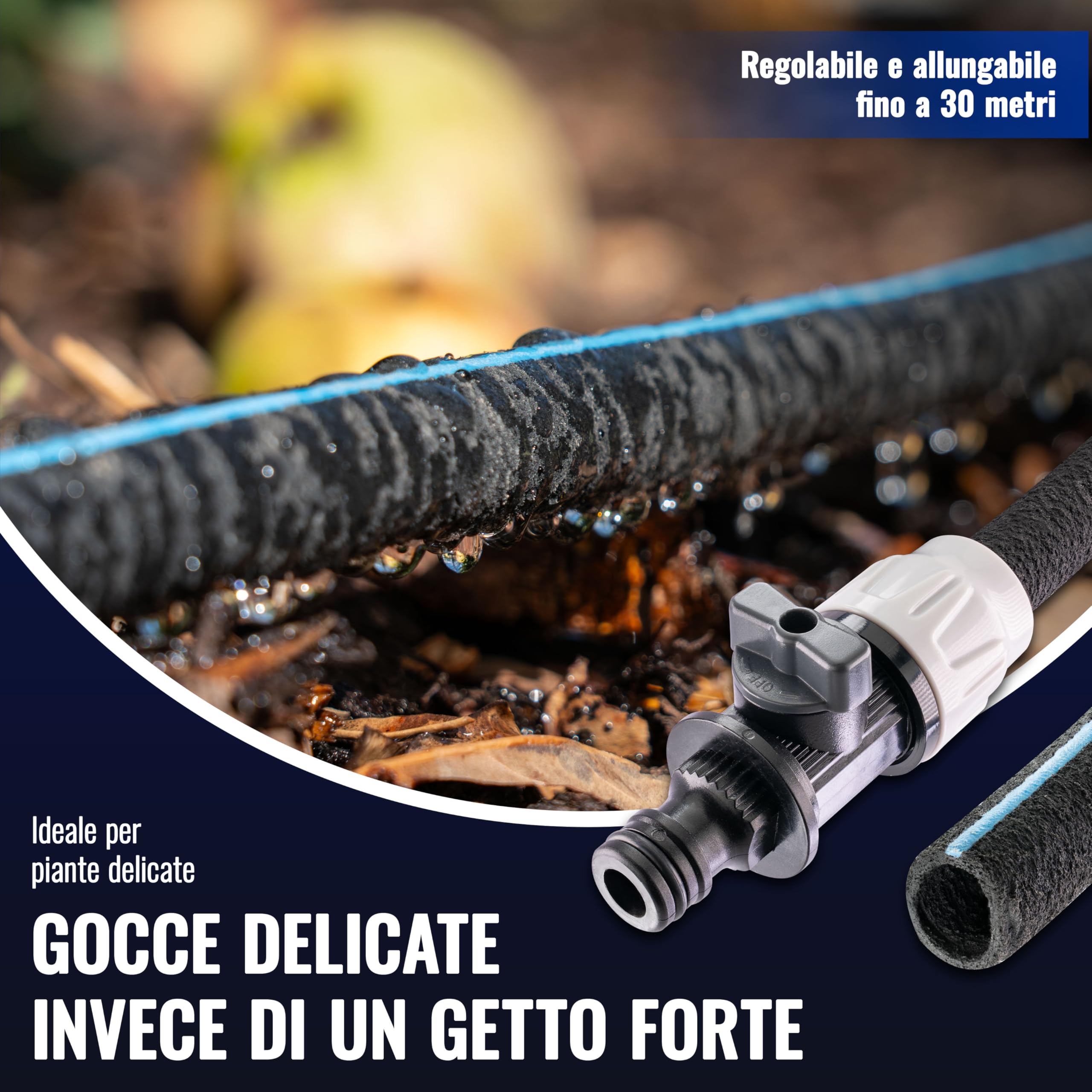 Poppstar Tubo poroso 15 m (tubo microforato per irrigazione giardino, diametro interno 1/2") con raccordo rapido per valvola manuale, nero
