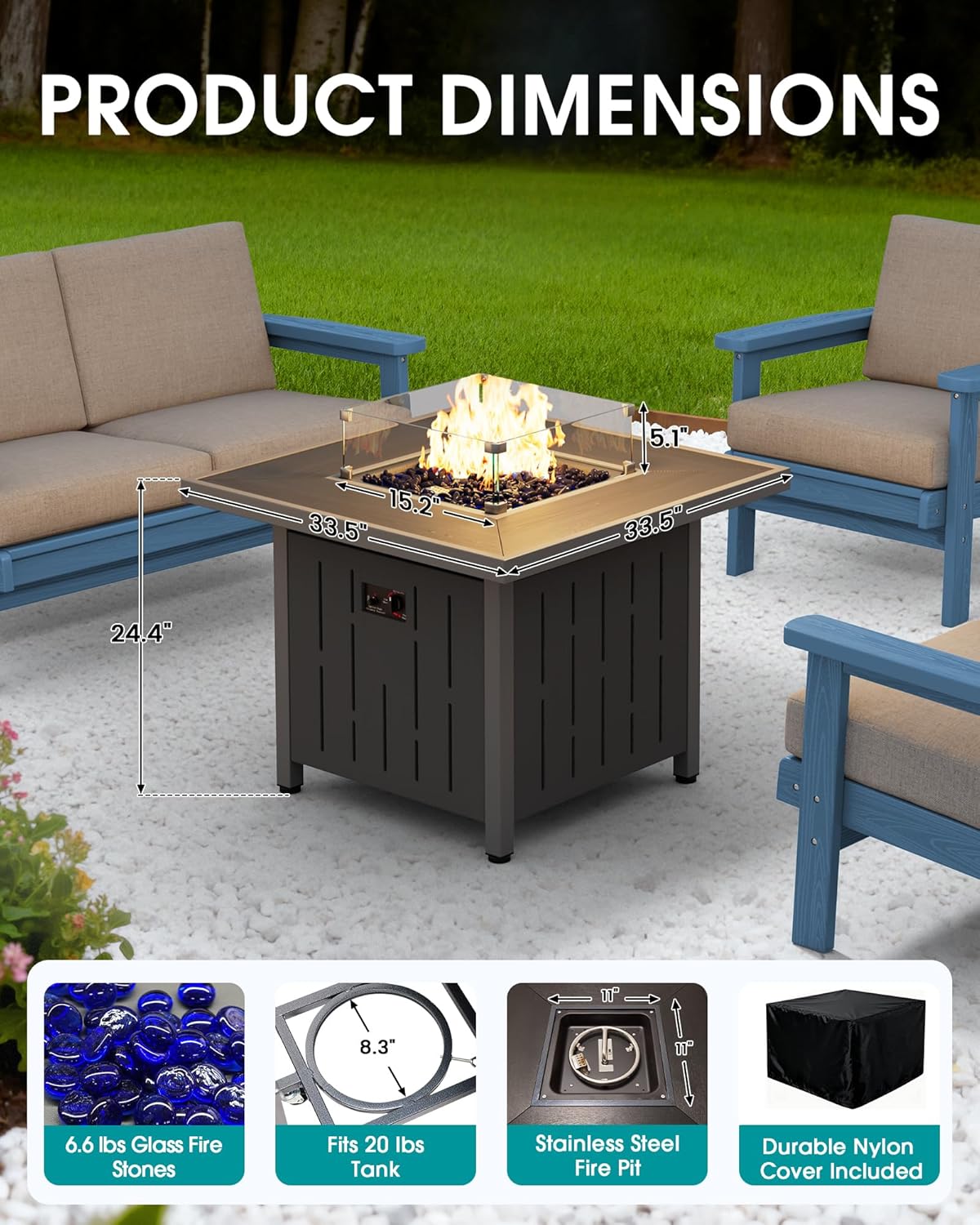 SERWALL Propane Fire Pit Table with dimensions