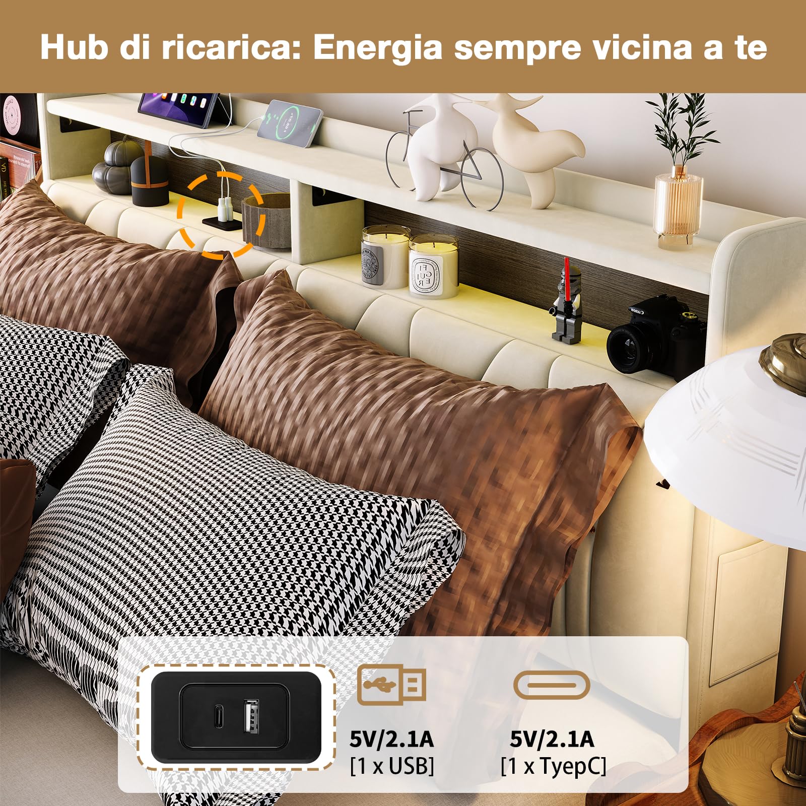 Cama de Matrimonio 160x200 cm con Luces LED y USB, Cama Tapizada con Cabecero Moderno y Somier de Láminas, Estructura de Cama Doble con Puerto de Carga, Beige (Sin Colchón)