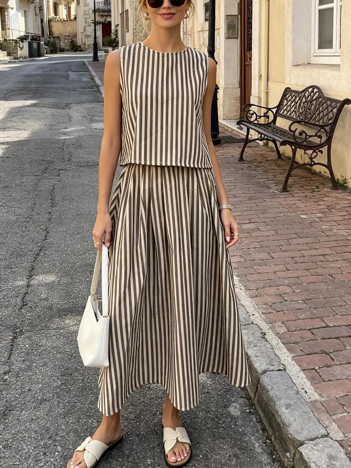 2026 Women Summer 2 Piece Skirt Set Striped Sleeveless Tank Top Matching Midi Dress Travel Vacation Outfits