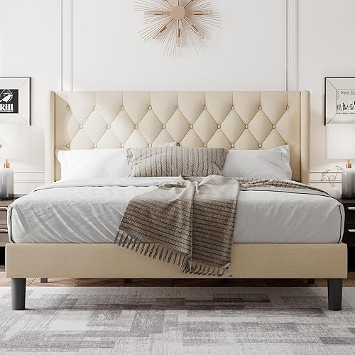 Miniatura 62 de Feonase Base de cama de tamaño matrimonial con cabecera tapizada con respaldo de ala, plataforma y soporte de listones de madera resistente, fácil