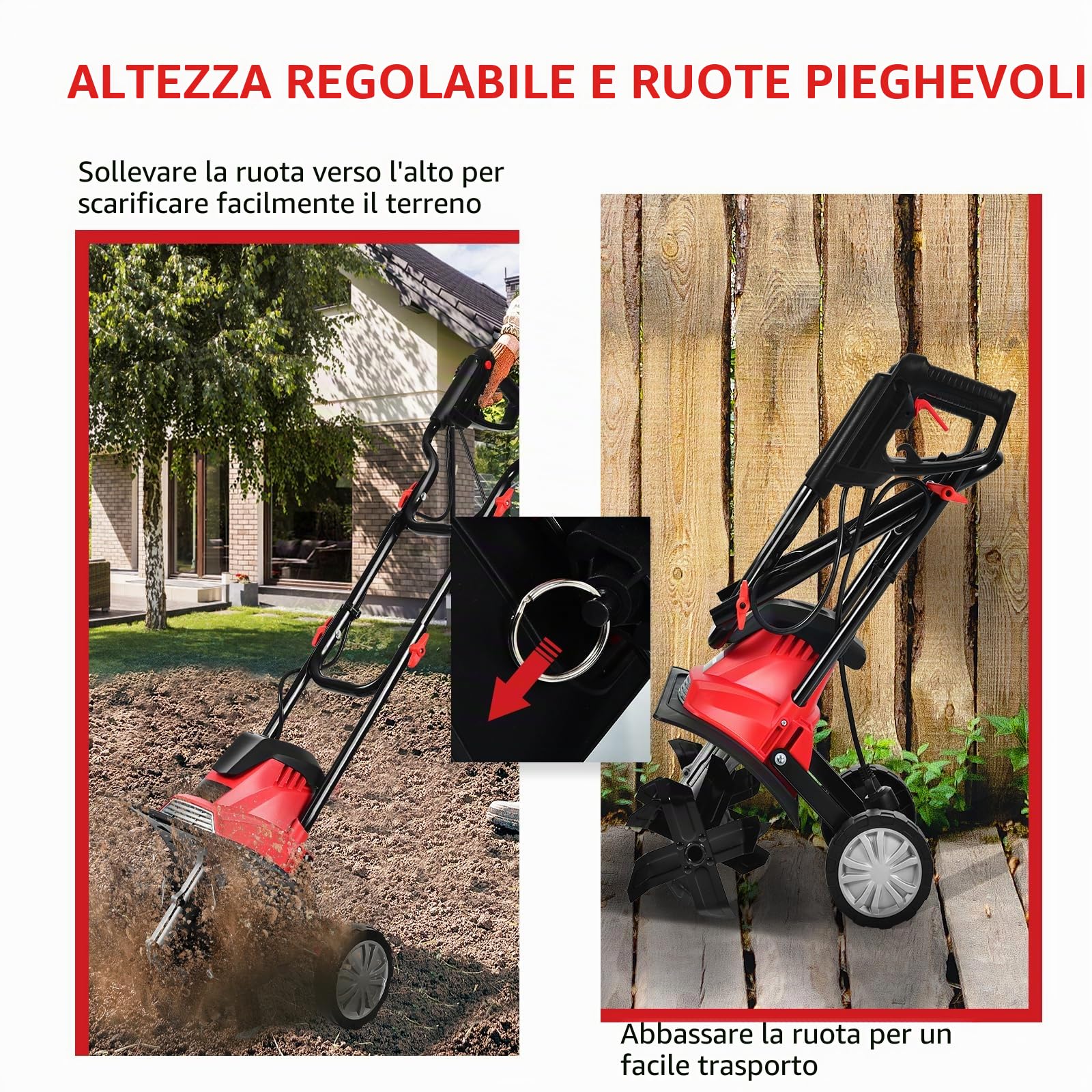 SOARS Motozappa Elettrica Pieghevole 1200W, Larghezza di Lavoro 36 cm Profondità di Lavoro 22 cm, 4 Lame, Zappatrice Elettrica per Orto e Giardino (Rosso, 36 x 40 cm, con Ruote)