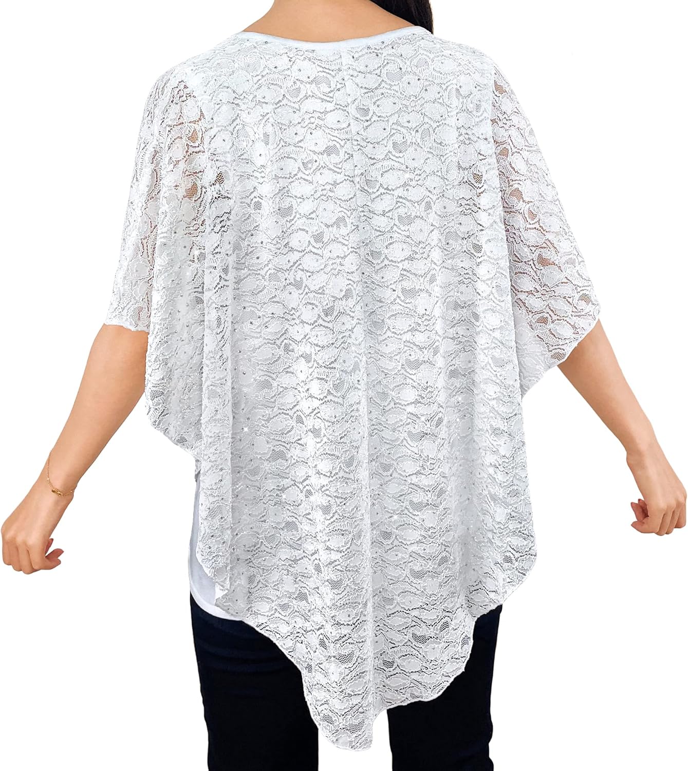 Brittany Black Women’s V-Neck 3/4 Sleeve Lace Poncho Floral Print Knit Blouse - Image 2