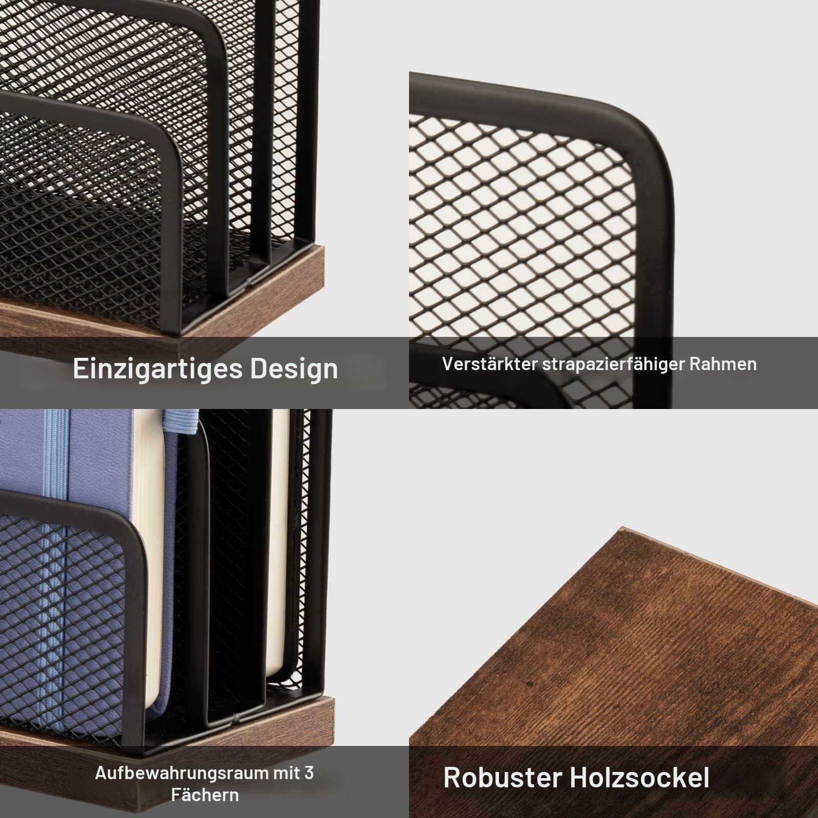 Schreibtisch-Organizer aus Holz, Desktop-Aktenordner, Metallgeflecht mit 3 vertikalen aufrechten Fächern, Postsortierer, Brief-Organizer für Briefe, Postkarten, Broschüren, Posthalter (2 Stück)
