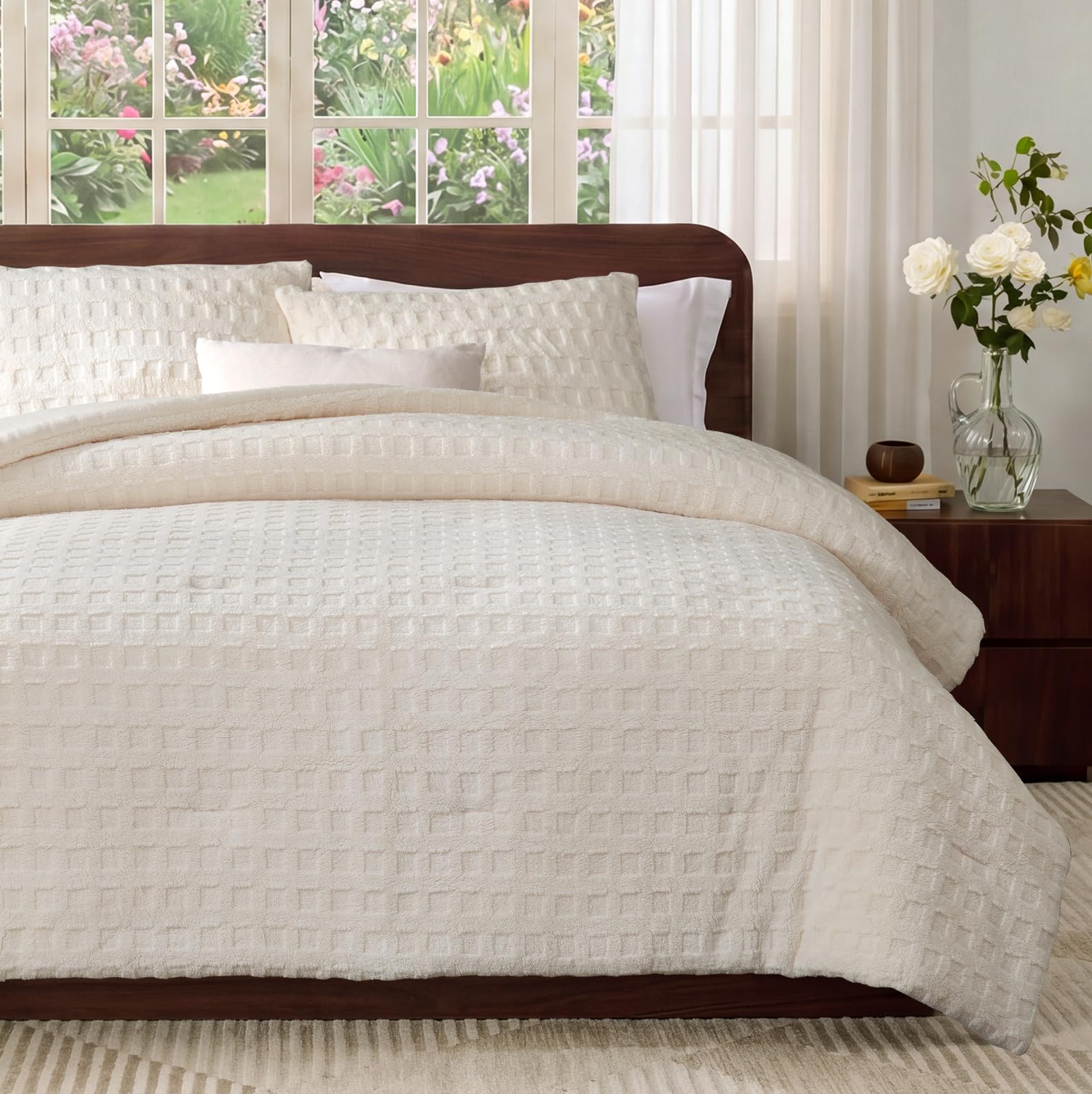 Plush Fleece Comforter Set Queen with Teddy Waffle Textured , Cream White