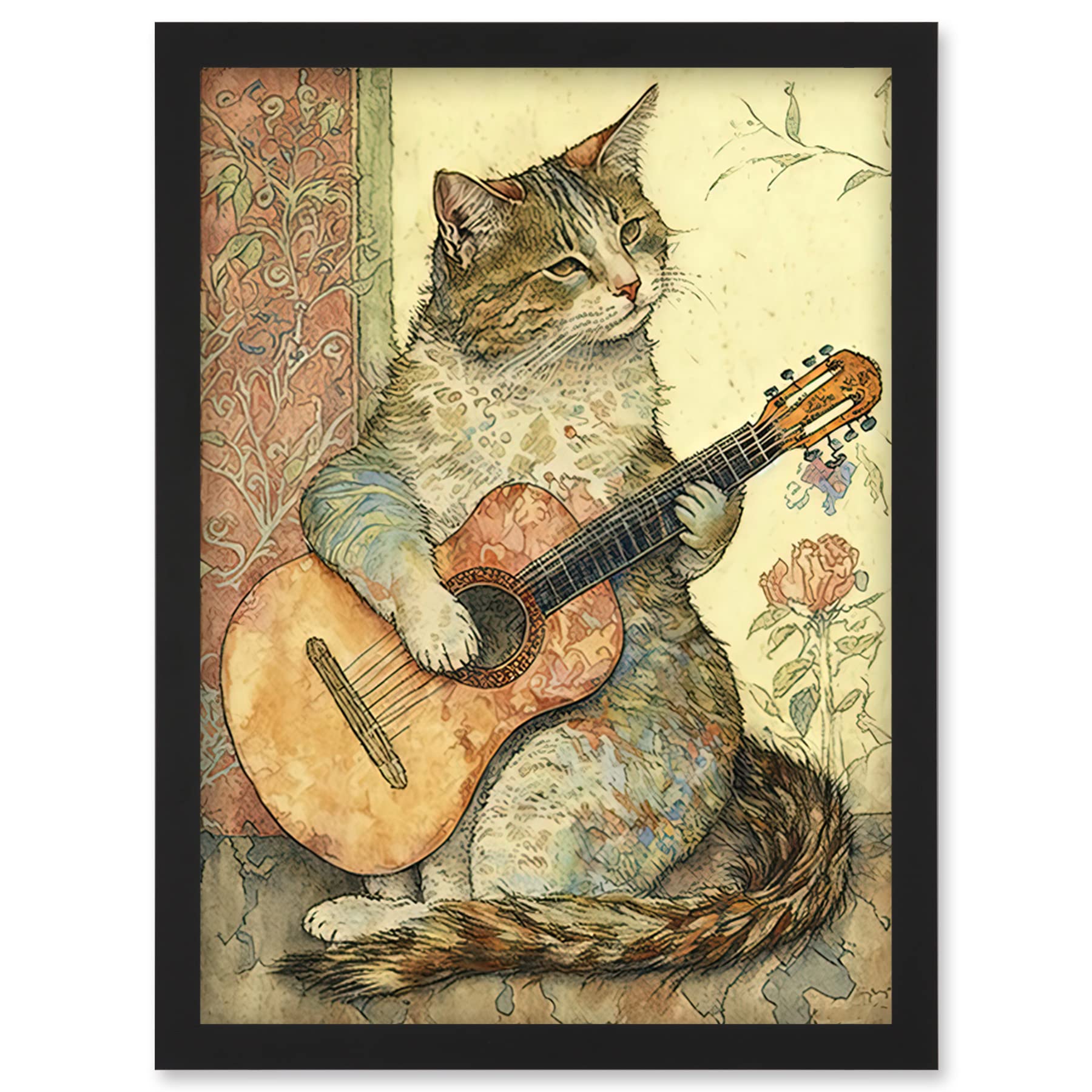 Artery8 Street Musician Cat with Guitar by Flower Pattern Mural Pastel Watercolour Illustration Artwork Framed Wall Art Print A4