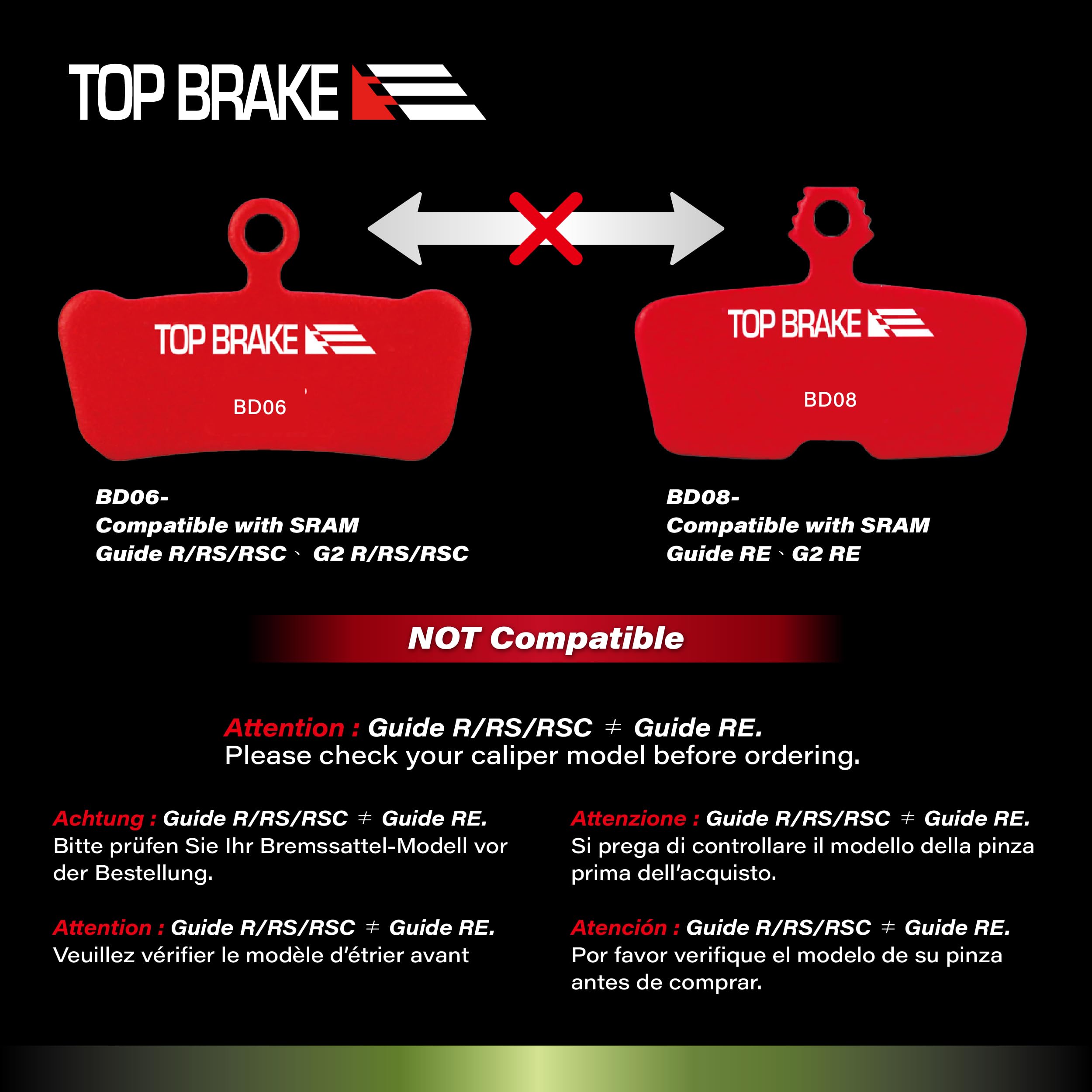 TOP BRAKE Klocki hamulcowe tarczowe do rowerów kompatybilne z SRAM AVID Code R RE RSC, Guide RE, G2 RE, DB8, Motive | Graphen, trwałe, ciche | MTB, MTB, Downhill, Enduro (2 pary)
