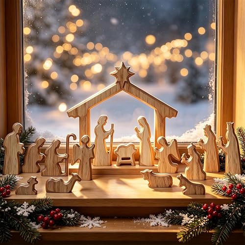 Glintoper Christmas Nativity Sets, 16pcs Wooden Nativity Scene Figurines