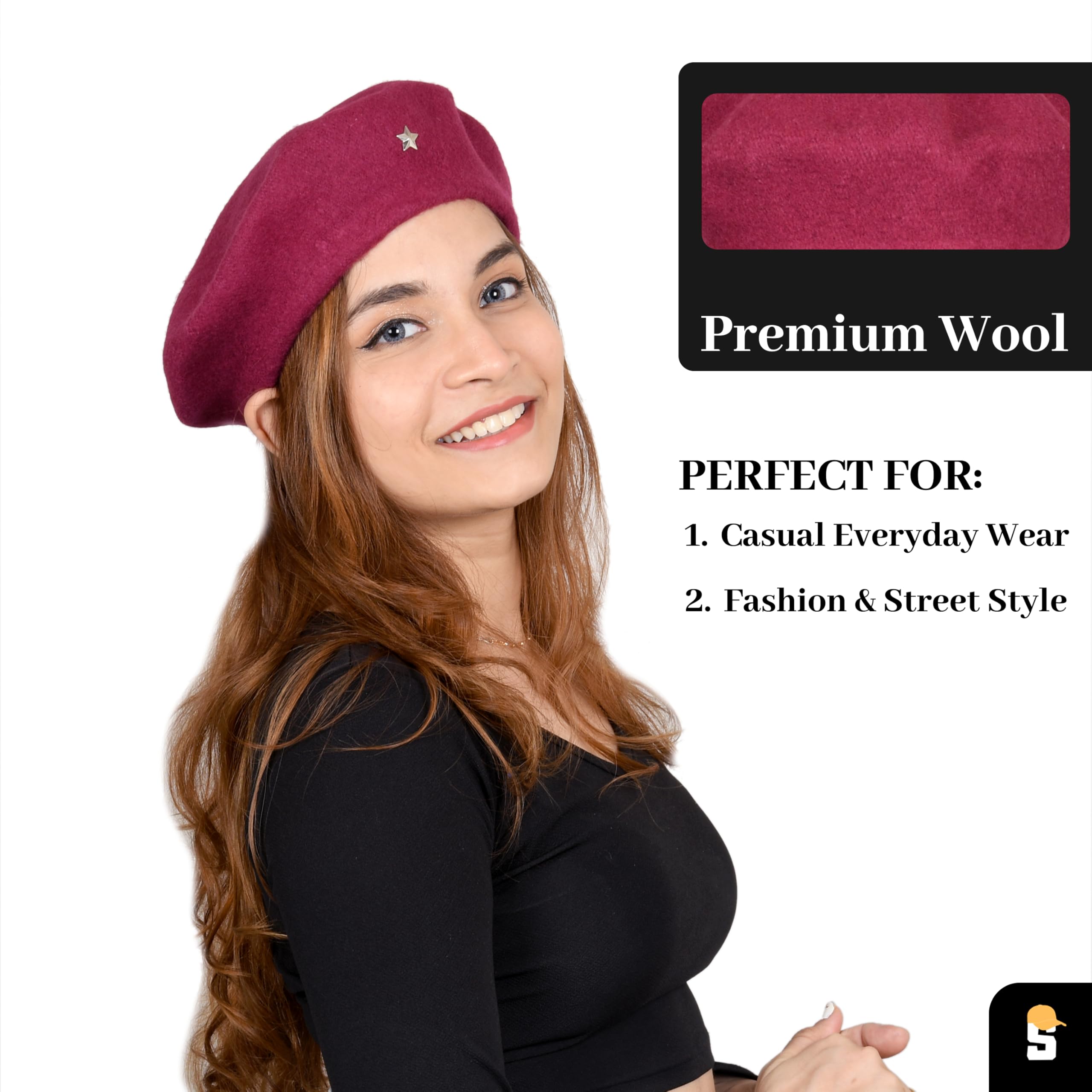 SOUL eTHICS Women's Premium Wool Blend French Artist Beret Cap - Stylish, Warm & Classic - Elegant Winter Beanie Hat for Girls & Ladies -Free Size (in, Alpha, Free Size, Dark Pink, Star) - Image 2 thumbnail
