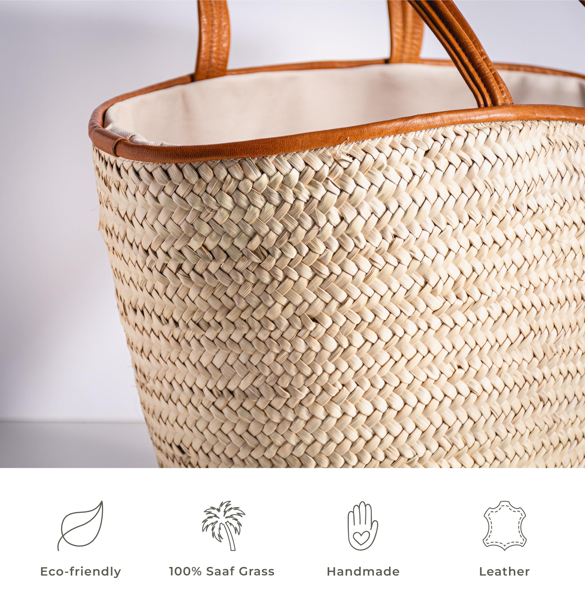 Sac de courses - En Osier Naturel - Avec Doublure et Poche - Finitions et Poignée en Cuir - Pratique, grande capacité et Multi-usage