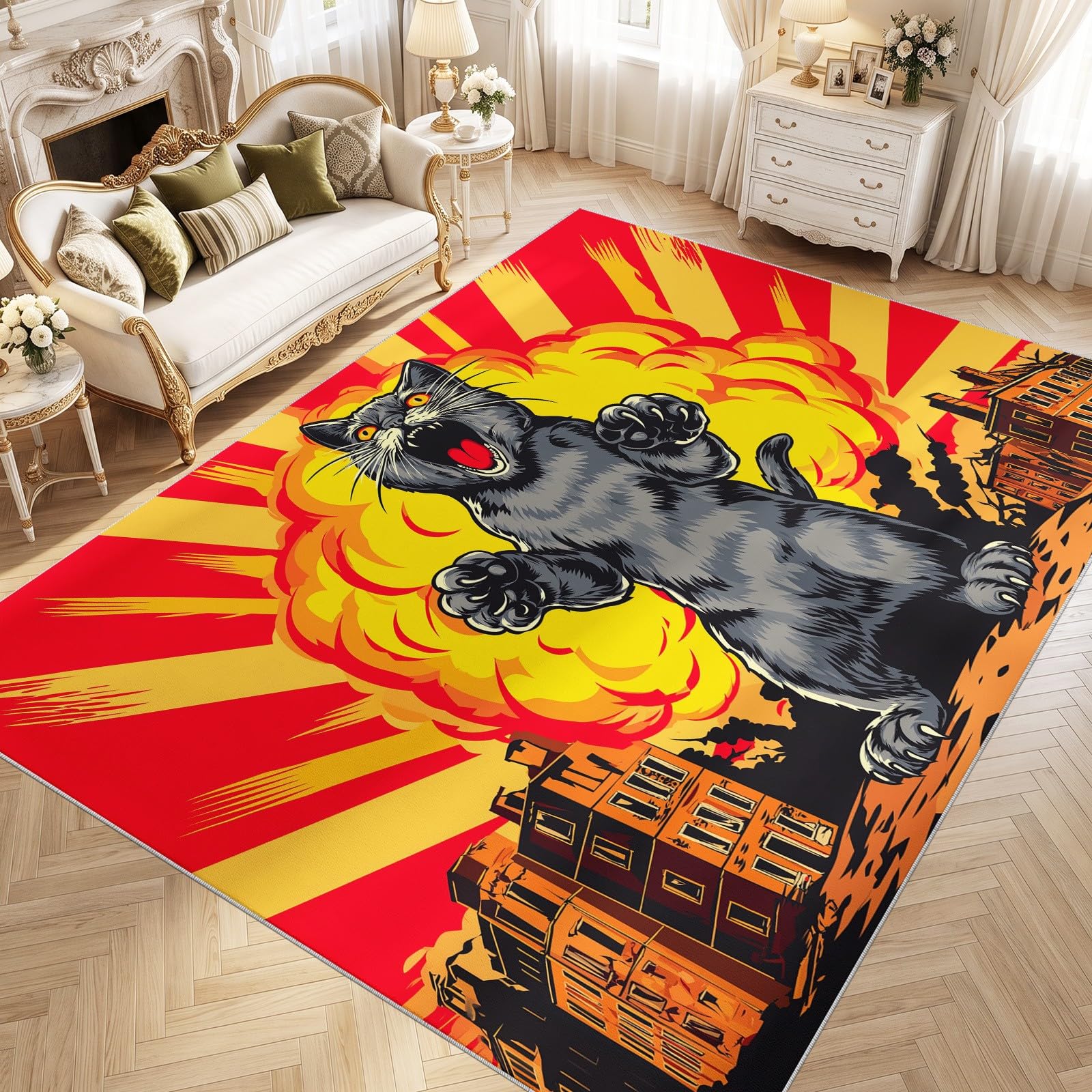 Generisch Nadający się do prania dywan z motywem komiksów, zwierzęta, 120 x 180 cm, ogromny kot, eksplozja, do salonu, miękki, antypoślizgowy, z krótkim włosiem, do sypialni, jadalni