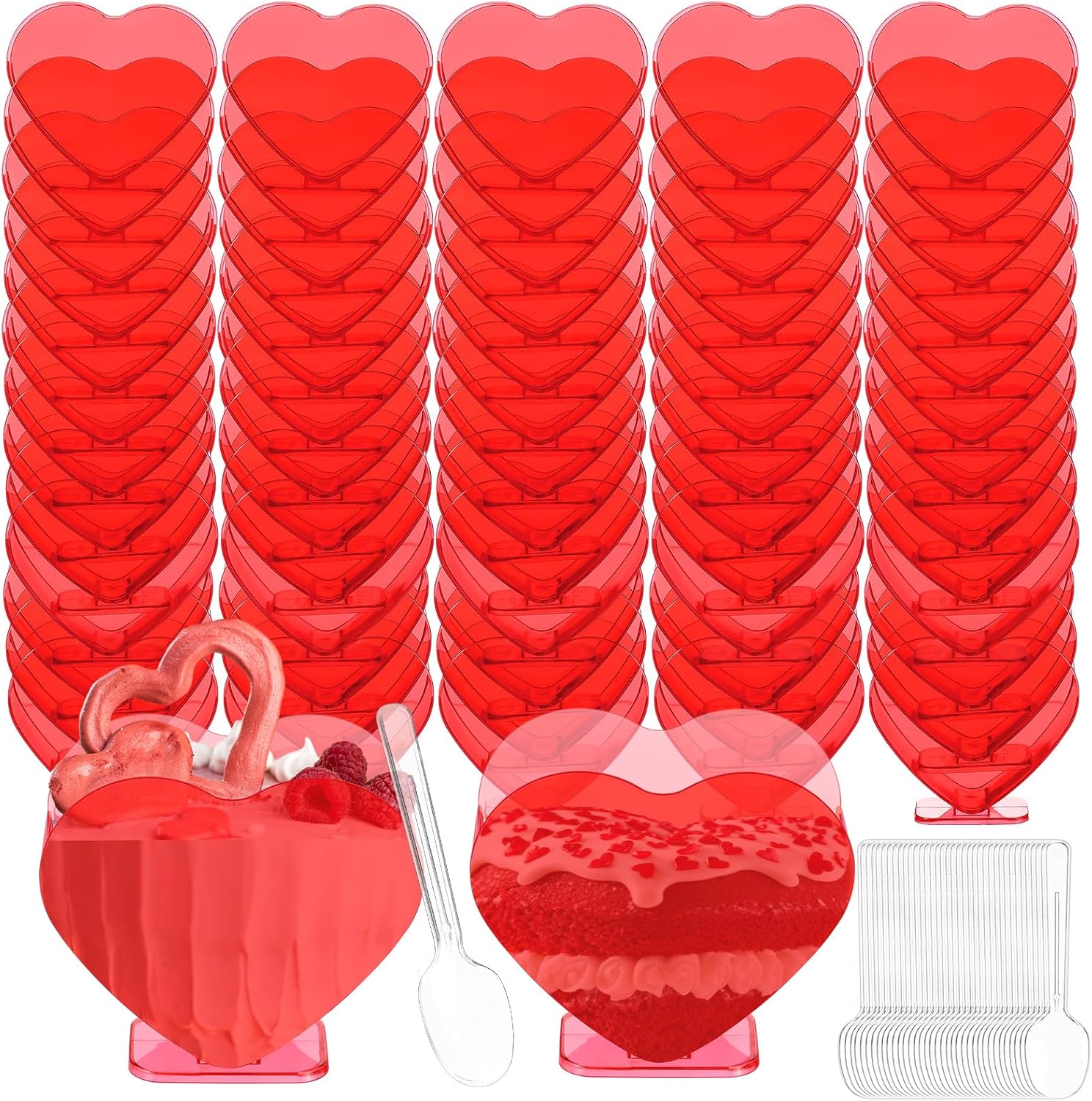 Mini Heart Shaped Dessert Cups with Spoons 2.7 oz Valentine Day Plastic Appetizer Cup Clear Disposable Reusable Heart Shaped Bowl for Valentine Wedding Party Cakes Ice Cream(Red,40 Set)