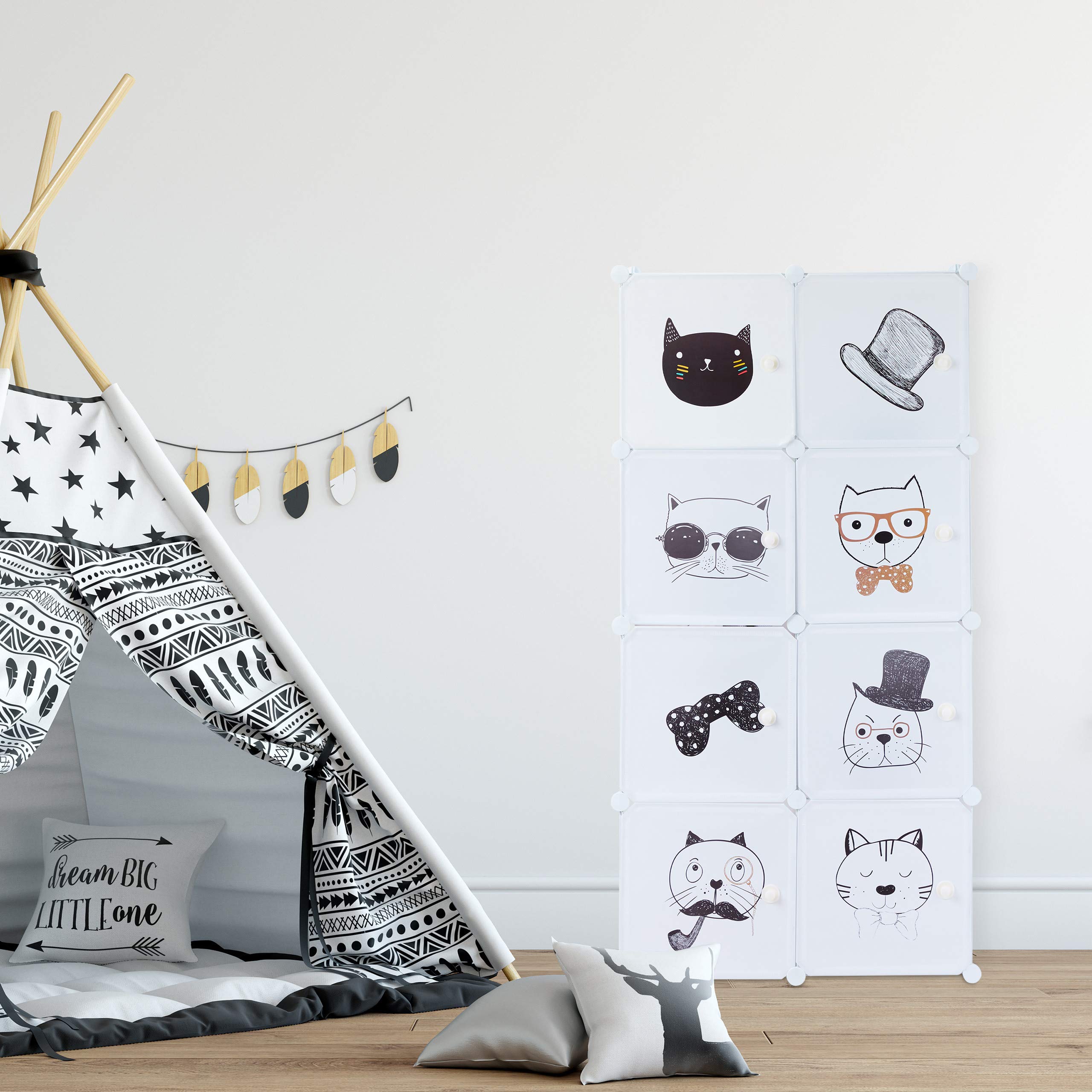 Relaxdays Estantería Infantil, Gatos, Siete Compartimentos, Perchero, Armario, 145 x 74 x 36,5 cm, Blanco