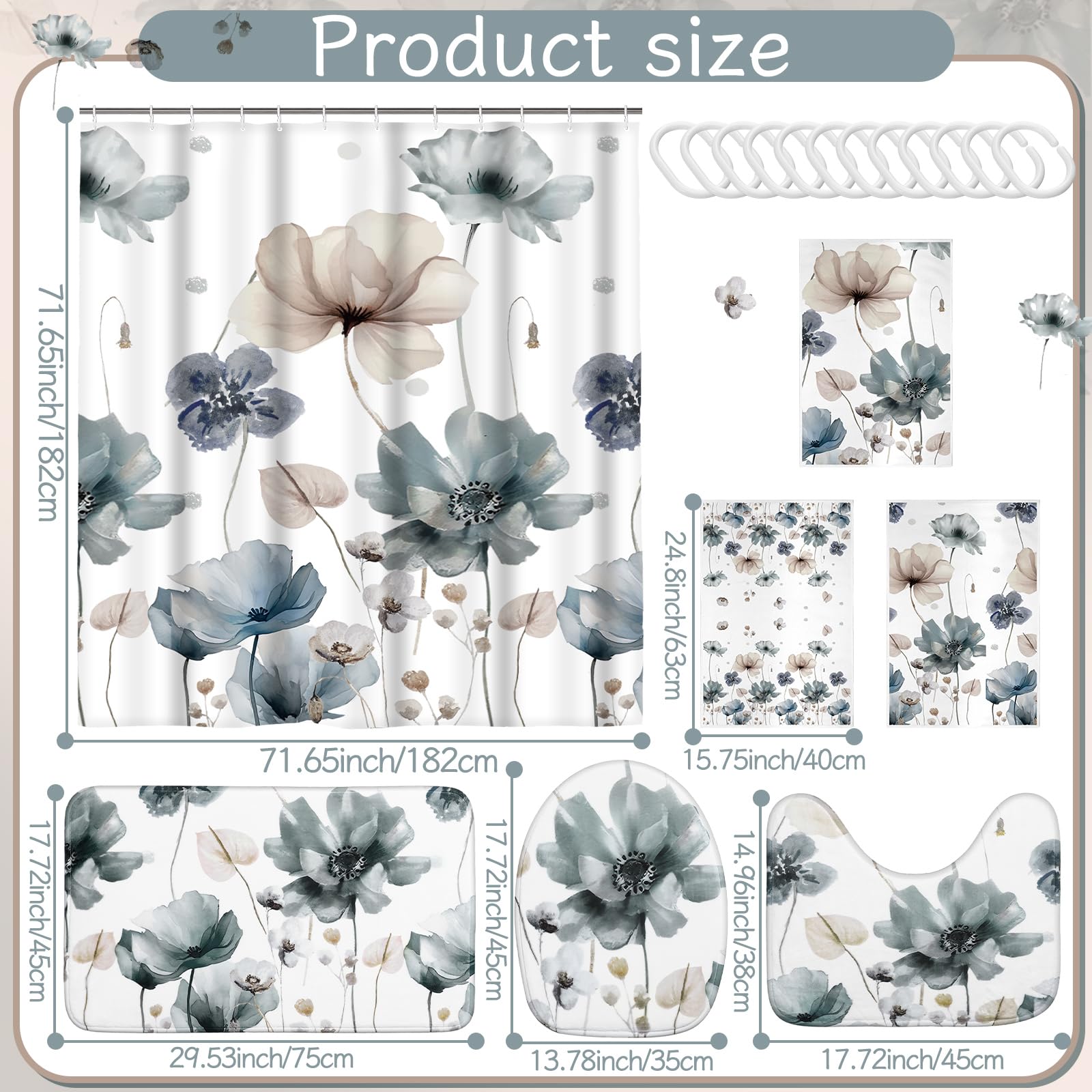 Newwiee Juego de 7 cortinas de ducha con diseño floral bohemio para decoración de baño, cortina de ducha y tapetes, toallas, alfombrilla de inodoro, impermeable, accesorios de baño de acuarela