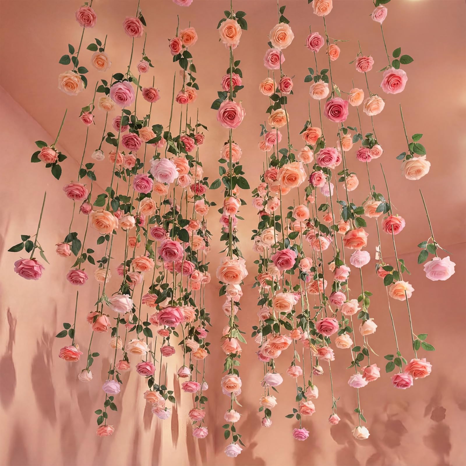 Photo 1 of Lyrow 60 Pack Pink Roses Artificial Flowers Bulk Hanging Floating Garland Fake Pink Rose Vine for Ceiling Decoration Wedding Anniversary Bridal Bouquet DIY Floral Arrangement Proposal Romantic Decor