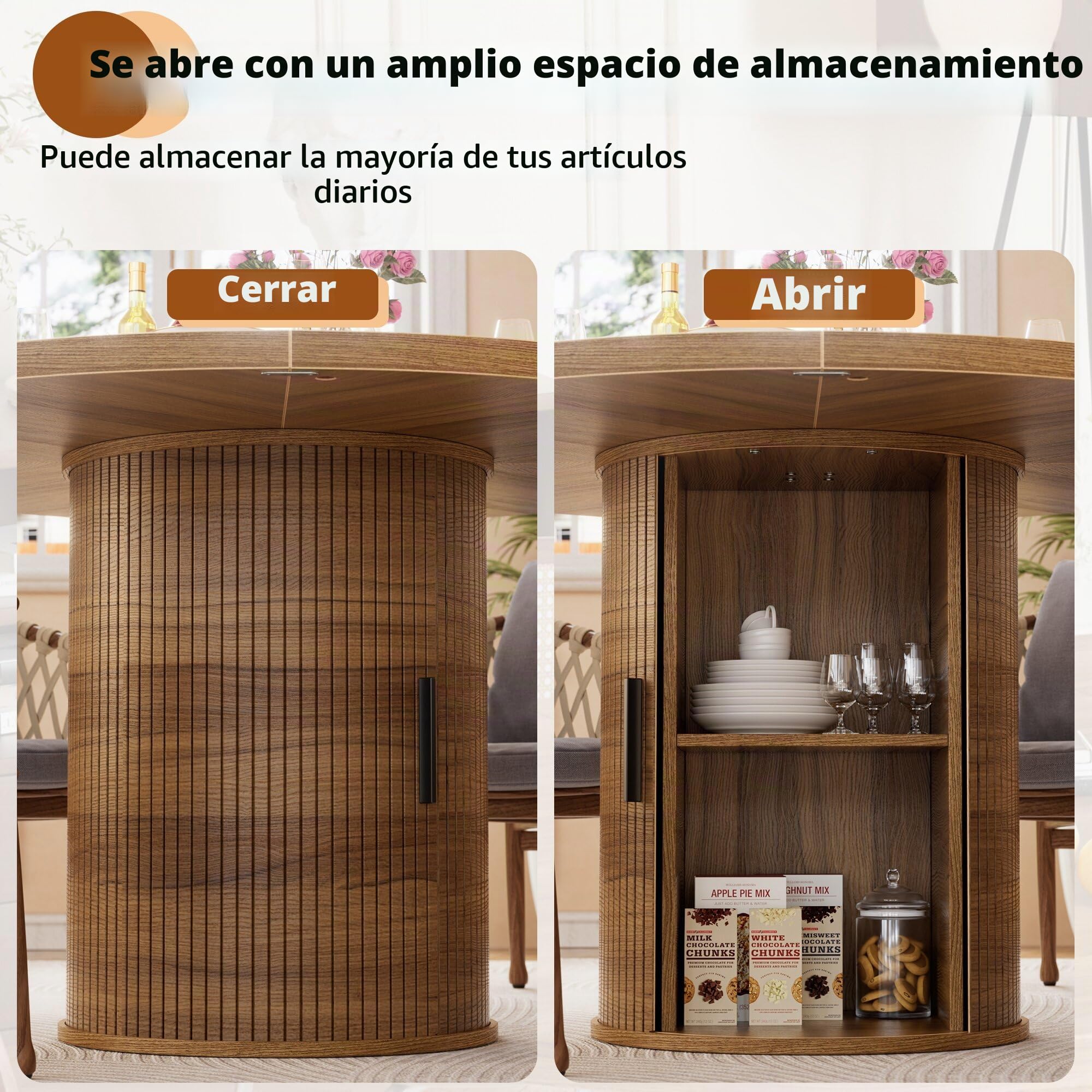 Mesa de Comedor Redonda Madera 100CM Mesa de Cocina Redonda con Estante de Almacenamiento de 2 Niveles y Puerta Corrediza de Madera Mesa de Comedor o Cocina Estable Mesa Redond Comedor 4 Personas