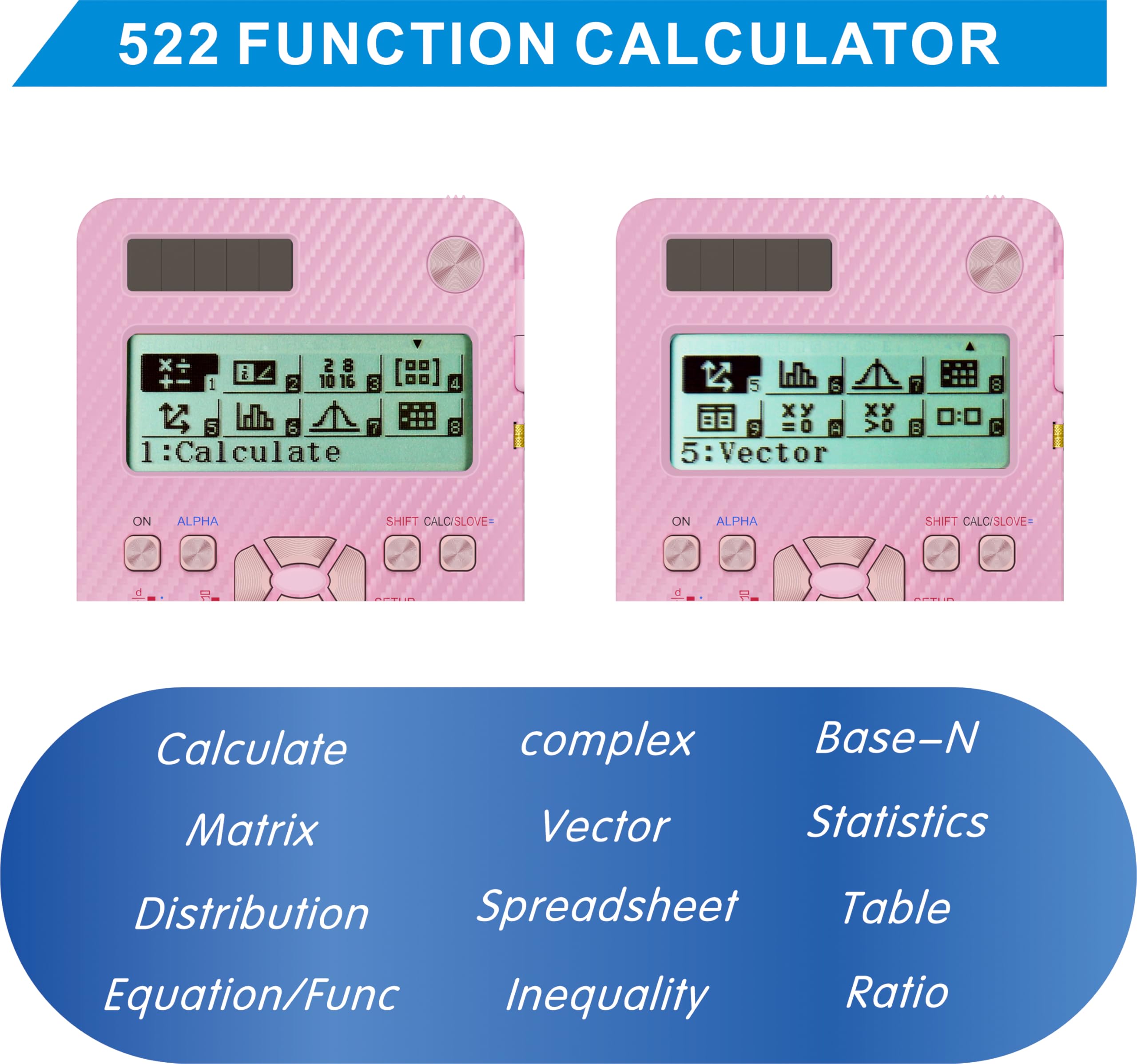 iPepul 991EX Calculatrice de mathématiques solaire rechargeable 552 fonctions avec bloc-notes, affichage 5 lignes – Fournitures scolaires pour collège lycée et collège (rose)