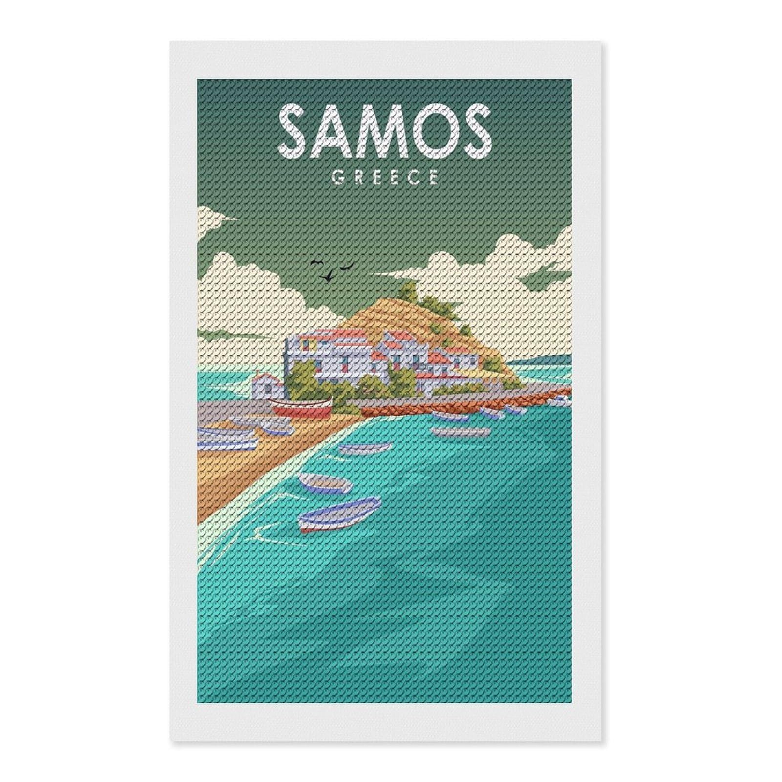 Junmoney Samos Greece Island Art Diamond Art Canvas 12"x20", Full Kit Included, Bedroom Decor, for Beginners, Thoughtful Handmade Gift