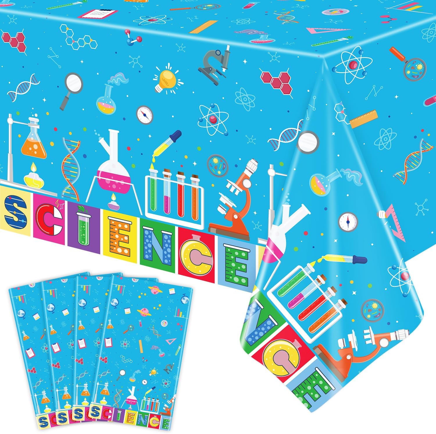 4 PCS Science Party Tablecloth Decorations Mad Scientist Theme Birthday Party Supplies Science Party Tablecloth Rectangular  51 x 86in Laboratory Table Covers for Science Lab Party Decor