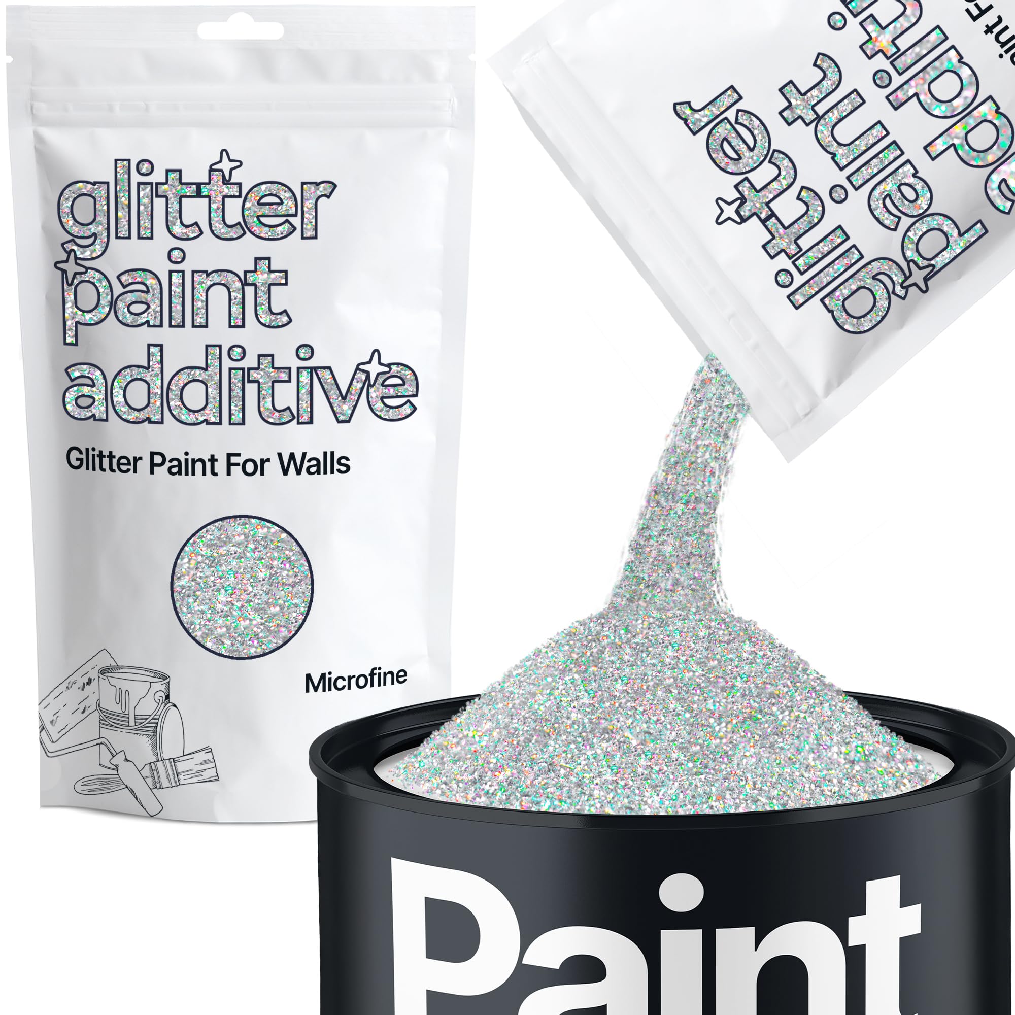 Glitter Paint Additive Crystals for Acrylic Emulsion Paint, Interior & Exterior Walls, Wood, Varnish, Matt, Gloss, Furniture 100g / 3.5oz - Microfine (1/256" 0.004" 0.1mm) - Silver Holographic
