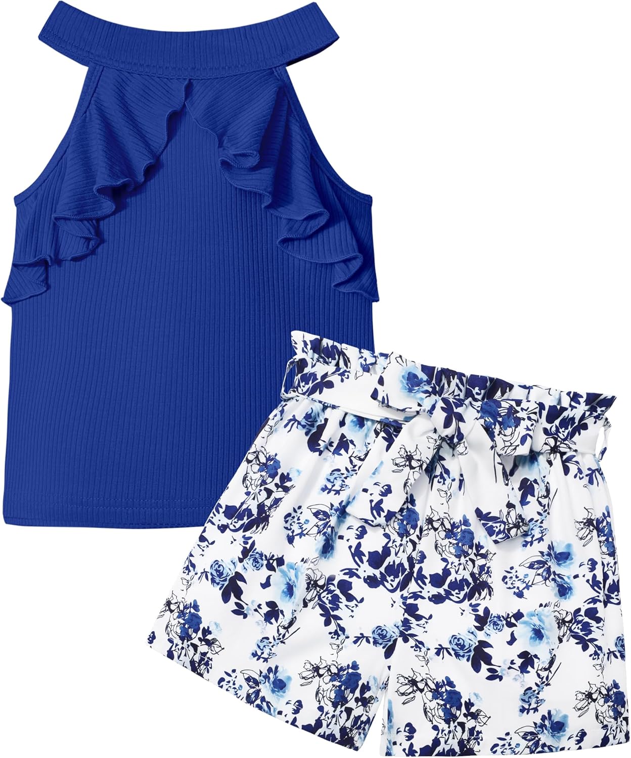 MIGU Girls Clothes Summer Halter Neck Ruffle Sleeveless Top Fashion Cute Floral Belt Shorts Two Piece Outfit Set Size 6-12