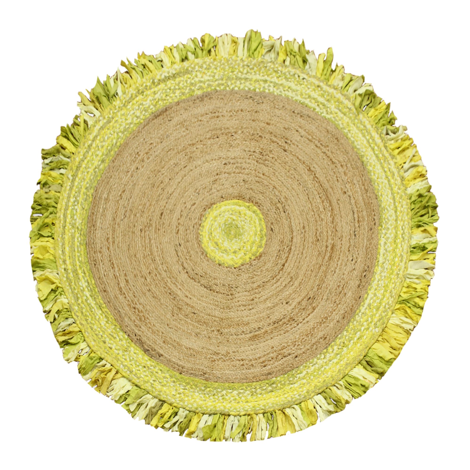 Tapis rond en tissu lourd anti-plis en coton Chindi et jute jaune et beige
