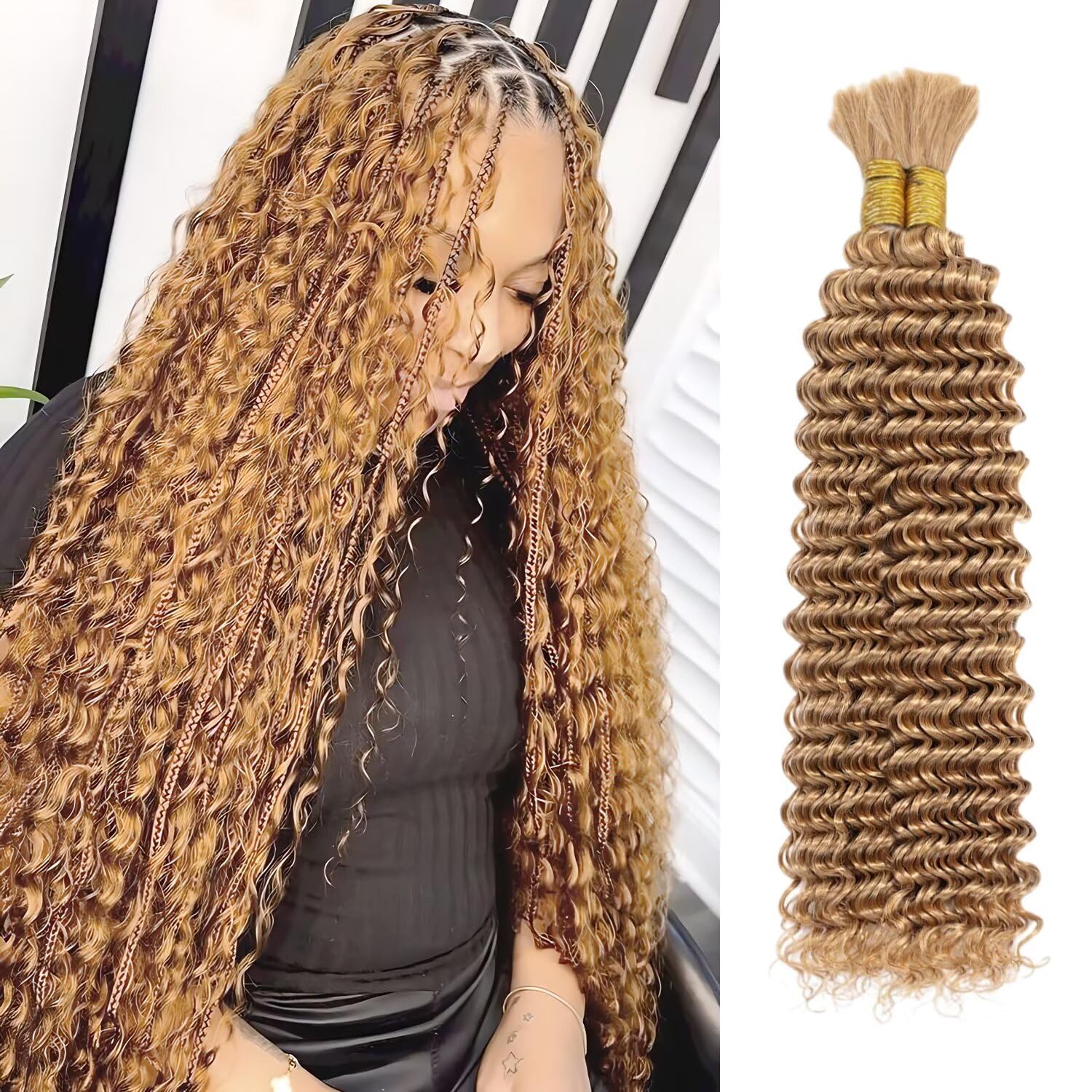 12A #27 Honey Blonde Human Braiding Hair for Boho Braids 2 Bundles 18 Inch 100g Deep Wave Braiding Hair for Bohemian Knotless Braids 100% Unprocessed