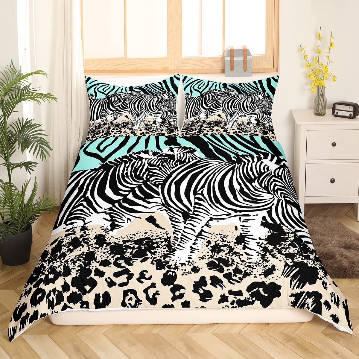 Housse de couette tigre et léopard lit double avec taies d'oreiller motif animaux de la savane