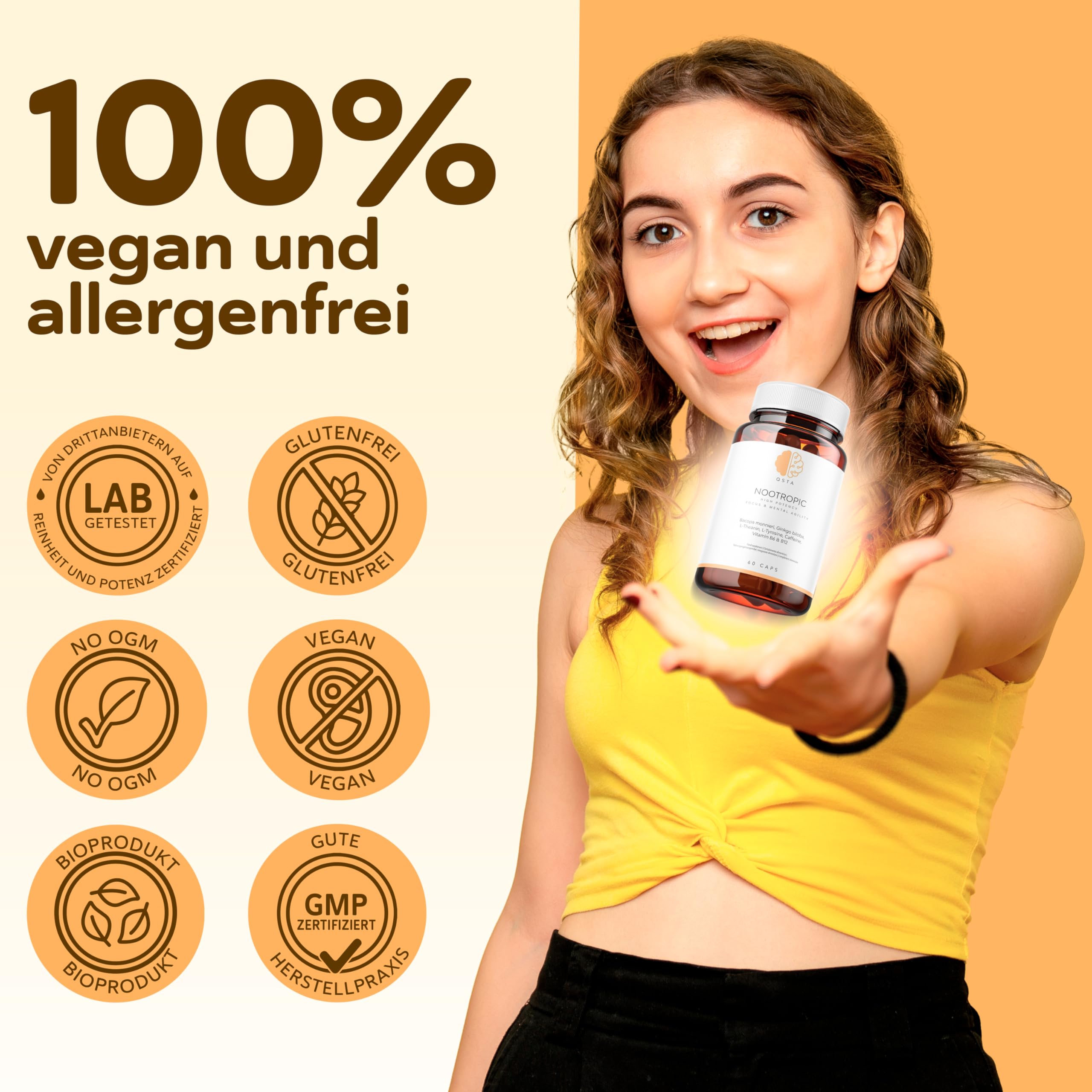 Nootropic – Fortschrittliche Formel zur Kognitiven Unterstützung mit Bacopa, Ginkgo, Tyrosin, Theanin, Koffein, B6 & B12