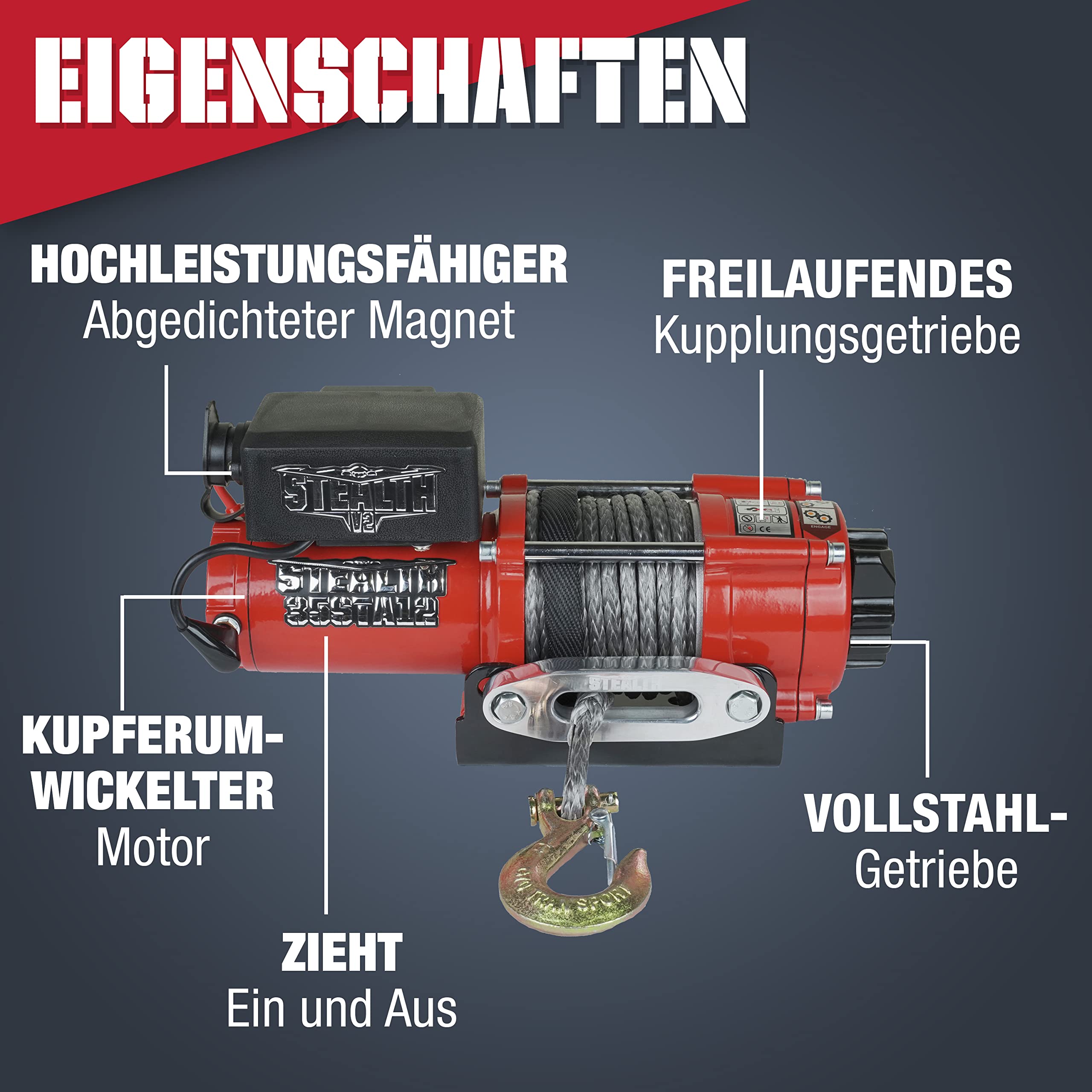 Stealth 3500lb 12v Kabellose Budget-Bergeseilwinde - Kraftvoller Wickelmotor - Vollstahl-Getriebe - Schwere Solenoid, Montageplatte, Drahtlose Fernbedienungen - Benutzerfreundlich - Synthetikseil
