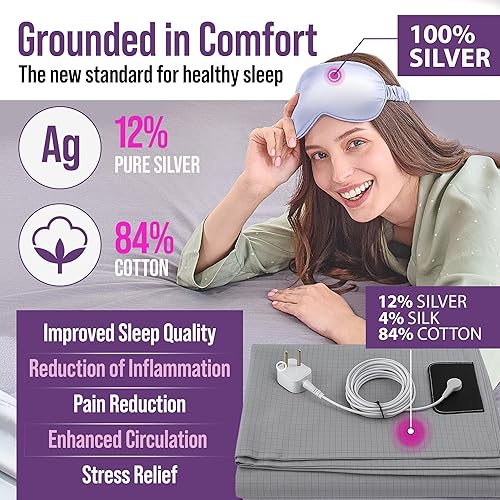 Miniatura 3 de Grounding - Juego de sábanas de tamaño Queen, sábanas bajeras y encimeras color gris nube con fundas de almohada, 12% fibra plateada, 4% seda, 84%