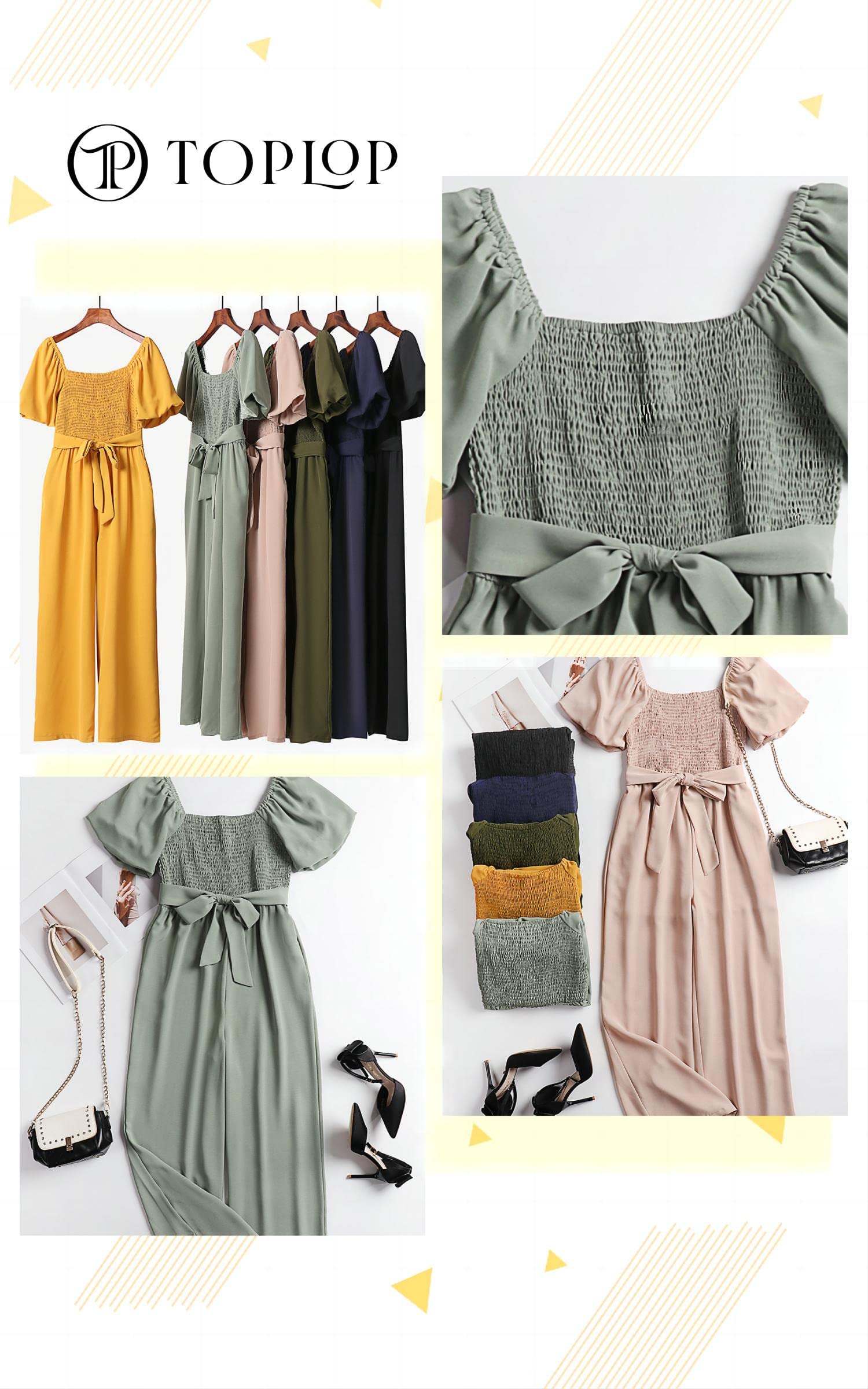 Mono elegante de verano para mujer, con escote cuadrado y cinturón, manga corta, mangas abullonadas, pernera ancha
