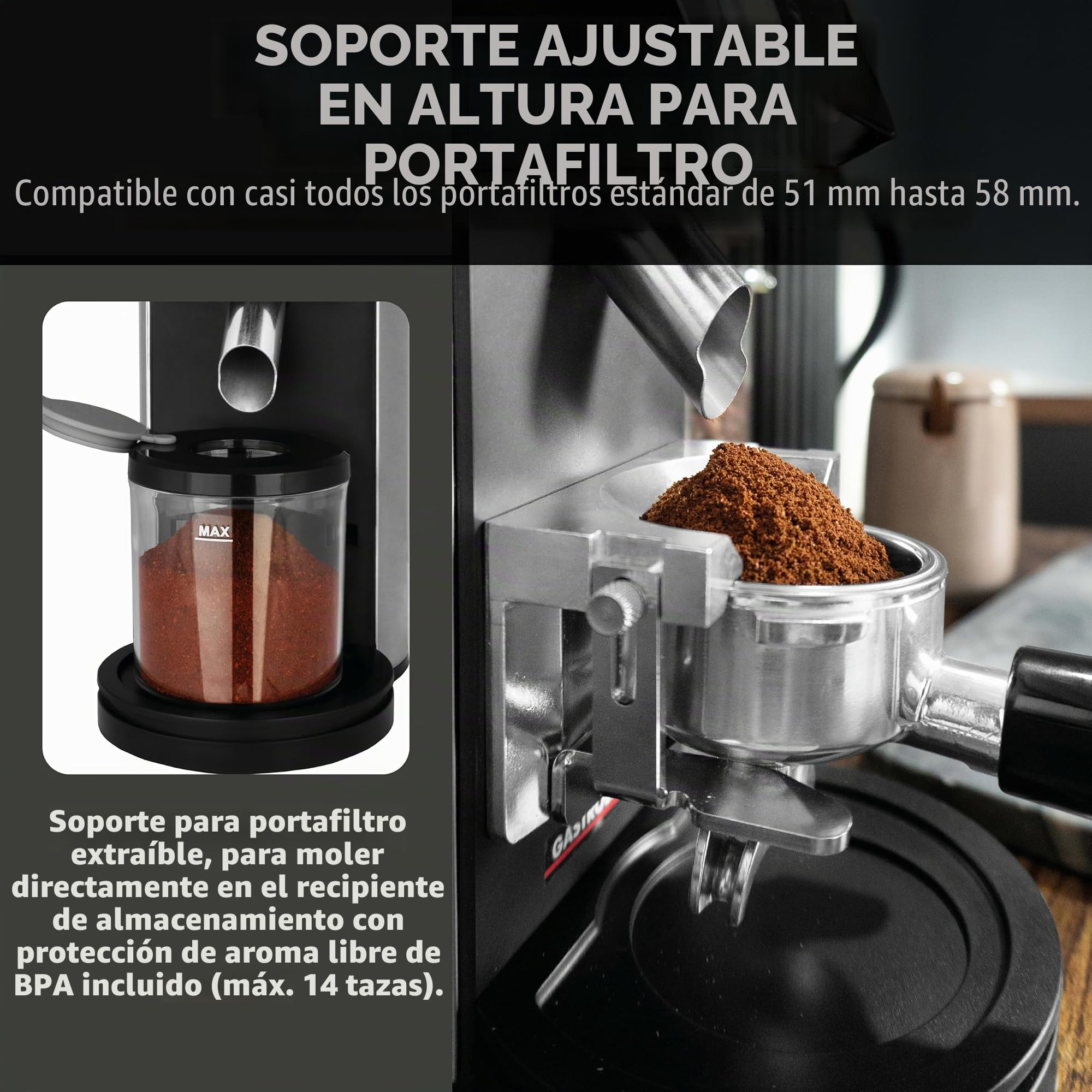 GASTROBACK Barista Molinillo de café eléctrico para máquina portafiltros, grado de molienda ajustable en 30 niveles, molinillo cónico, molinillo de café eléctrico, molinillo de café expreso