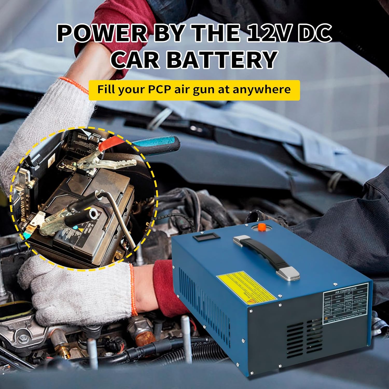 YONGHENG PCP Air Compressor, Auto-shutoff 4500Psi/30Mpa Set-pressure Air Gun and Paintball Tank Pump with Water/Oil Separator, Built-in Power Adapter(110V AC or 12V Car Battery)