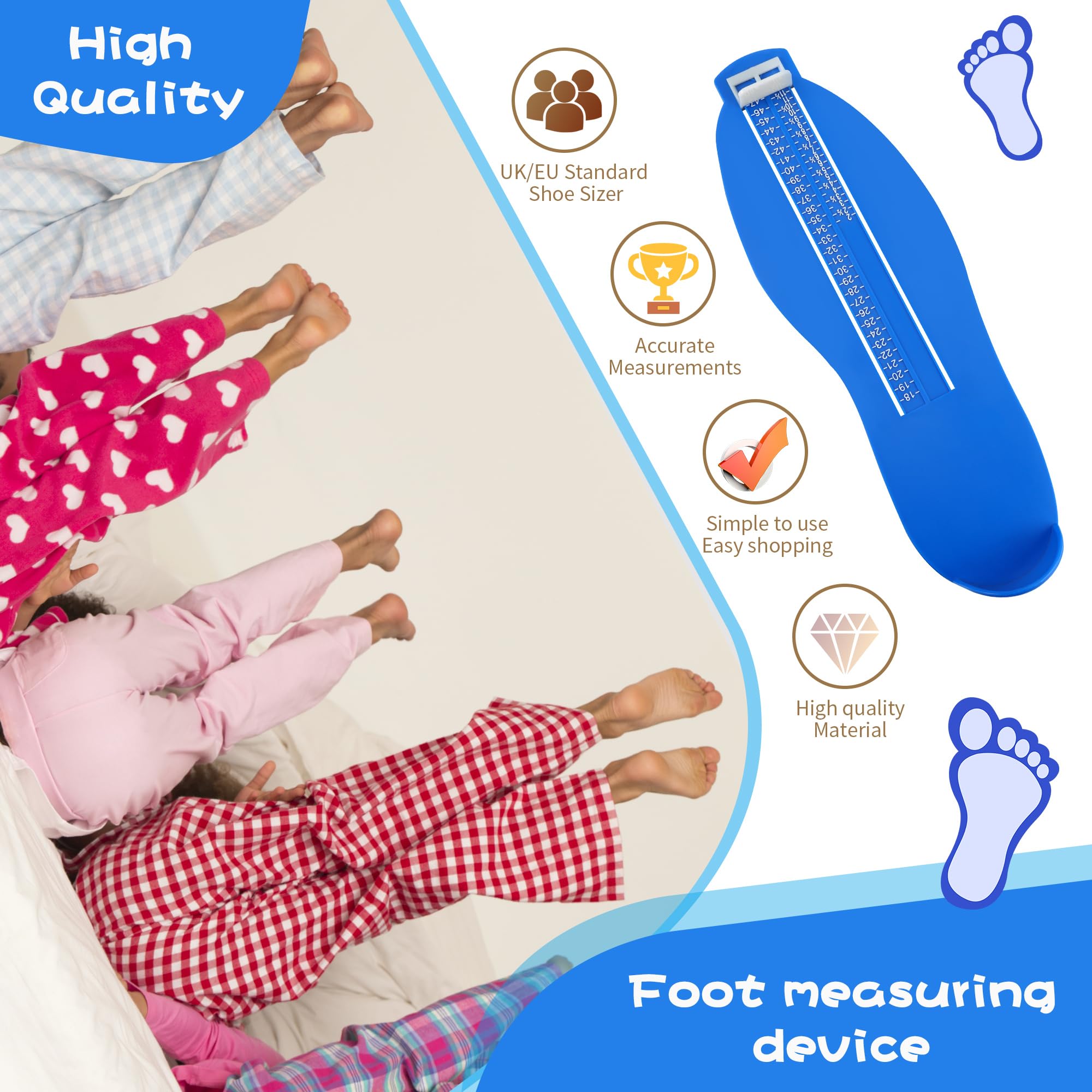 JSMTKJ Pedimetre Enfants et Adultes, Pointure Chaussure Mesurer Pied Dispositif de Mesure pour Déterminer la Pointure 18 à 47 et Ruban à Mesurer 1.5m（Bleu）