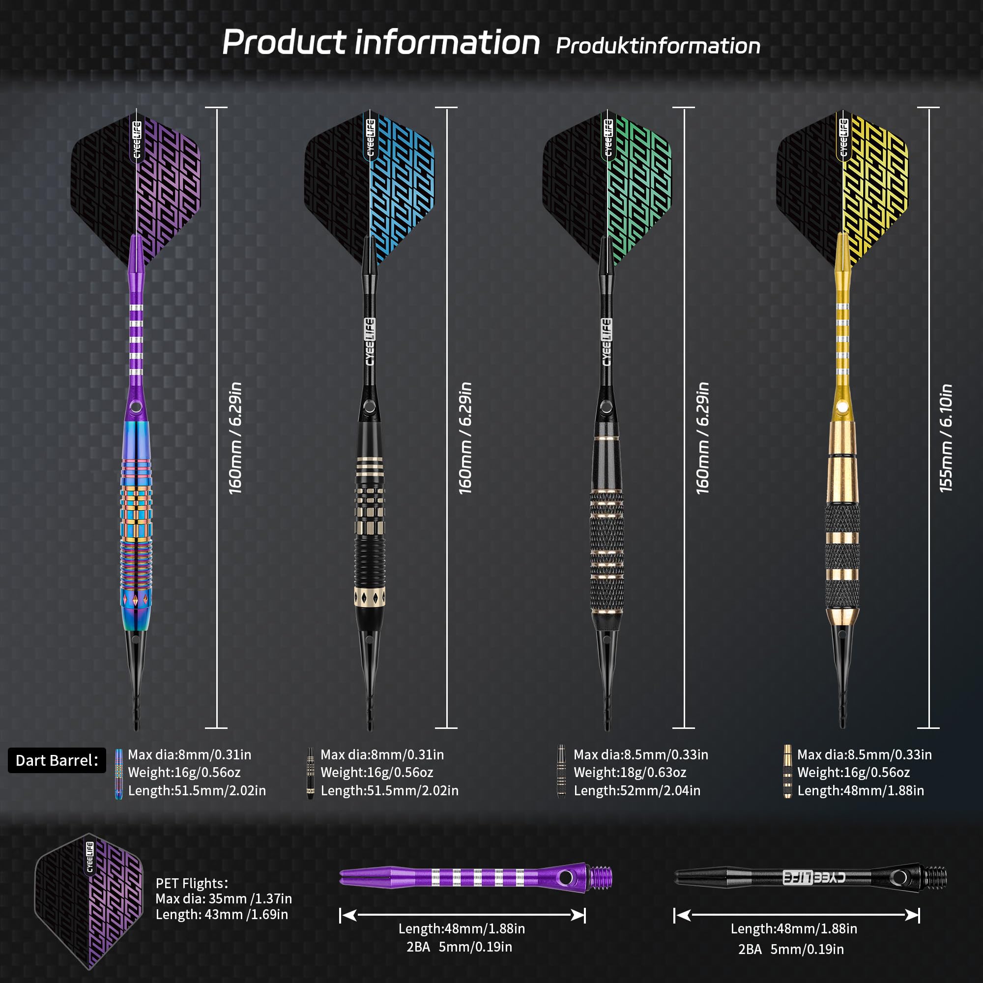 CyeeLife Fléchettes de Dart avec pointe en plastique, 12 pièces Set Premium Softdarts - Barils en laiton avec 4 designs