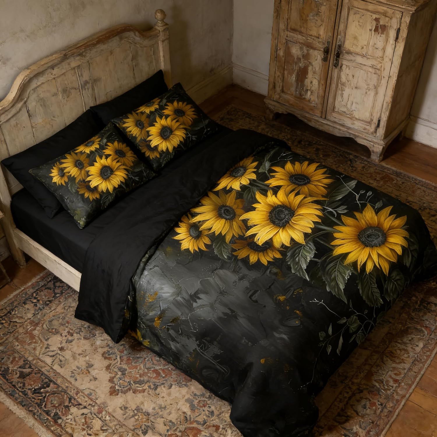Black Floral Comforter Yellow Sunflower Painting Comforter Set Queen Size Botanical Flowers Bedding for Women Girls Kids Teens Lightweight Summer Bed Set