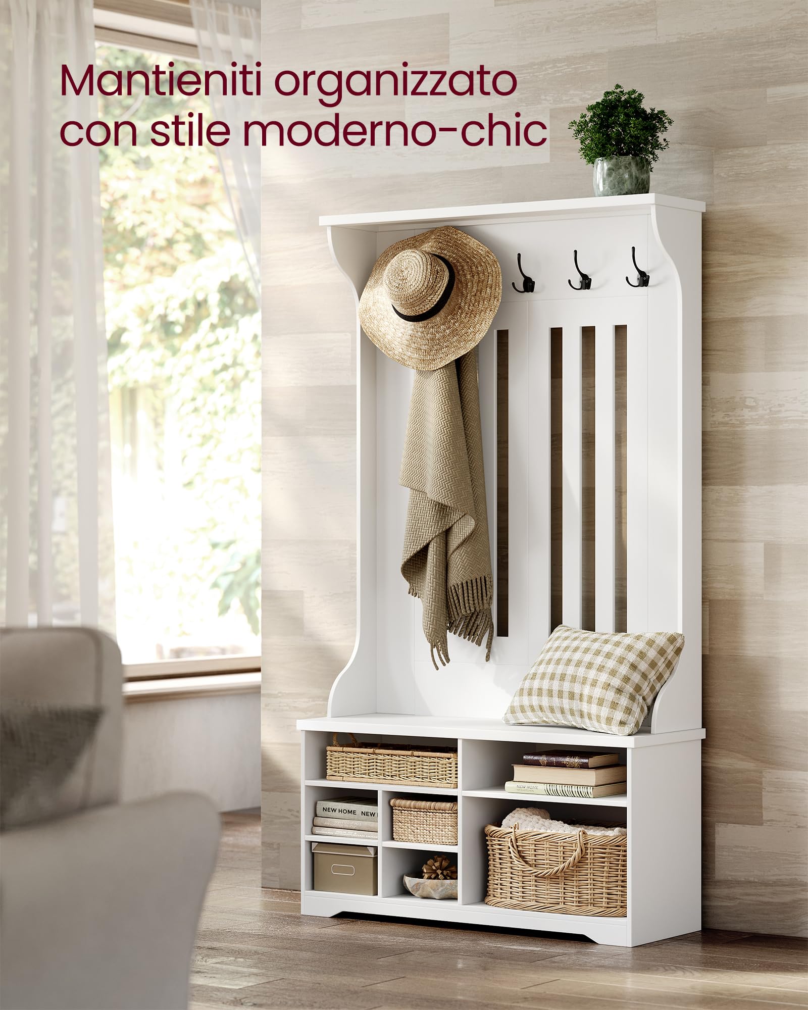VASAGLE Appendiabiti Ingresso con Panca Scarpiera, Mobile Ingresso con Porta Scarpe, 5 Ganci Tripli, Appendiabiti da Terra, Salvaspazio, per Entrata, Ripiani Regolabili, Bianco Nuvola HSR404T10