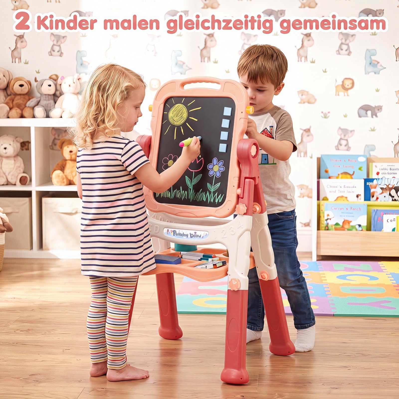COSTWAY 4-in-1 Kindertafel, Doppelseitige Kinderstaffelei (Pfirsichrosa)