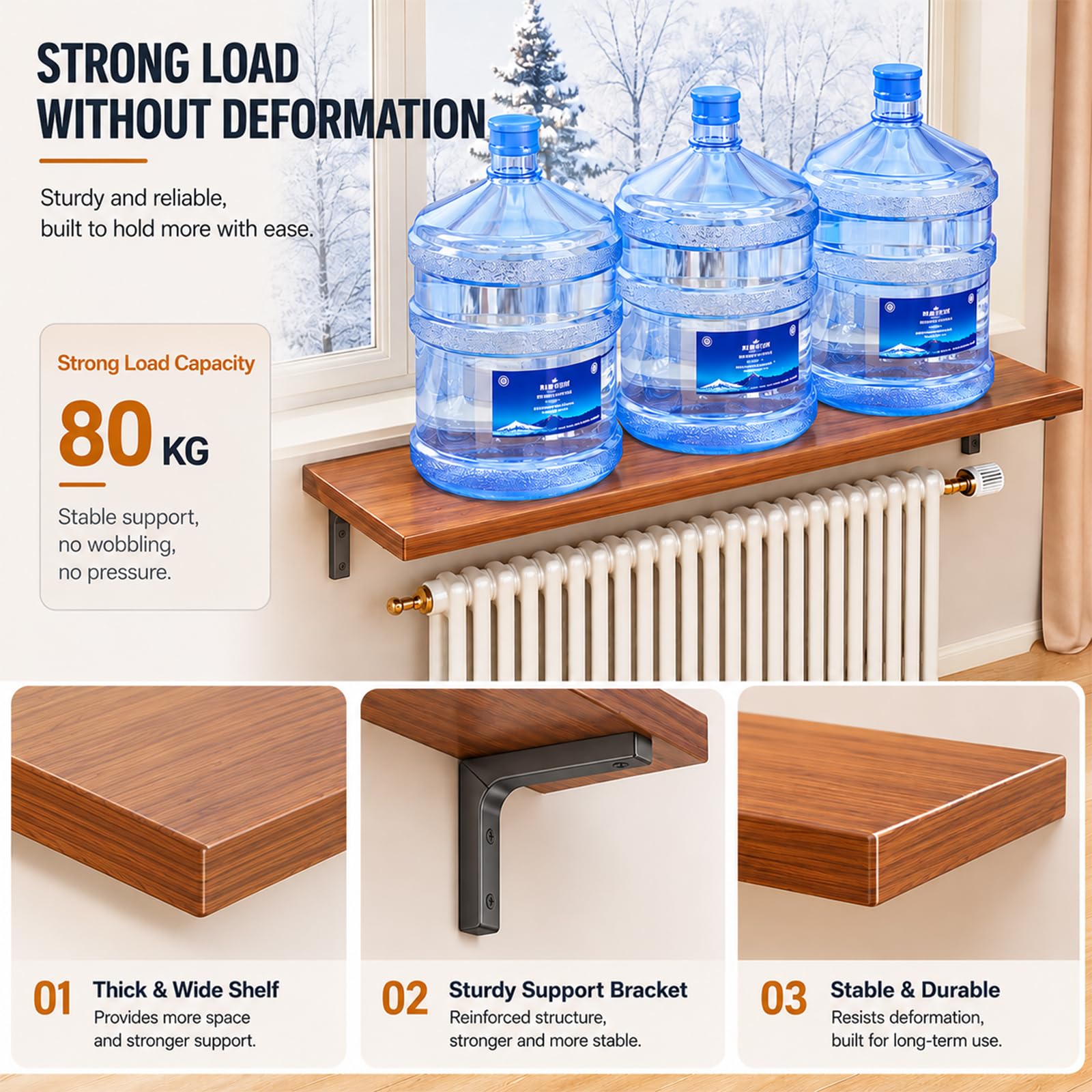 Heizkörperablage Holz Walnuss Schweberegal Heizkörperverkleidung Klein Heizung Regale Wandregal Breit Schwerlast 80kg Organizer mit Schwarzen Halterungen 60cm
