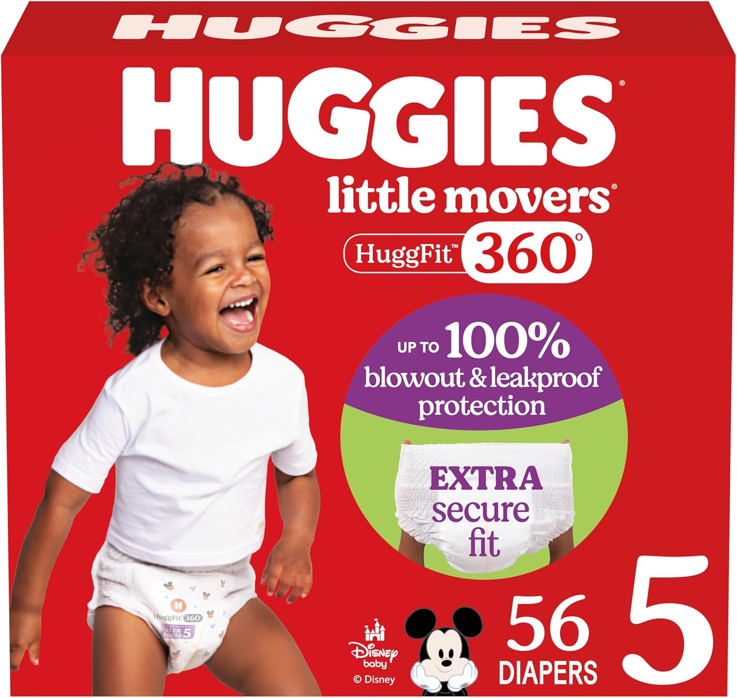 Huggies Size 5 Baby Diapers, Little Movers HuggFit 360° Baby Diapers with 360° Waistband, Size 5 (27+ lbs), 56 Count, Packaging May Vary Size 5 56