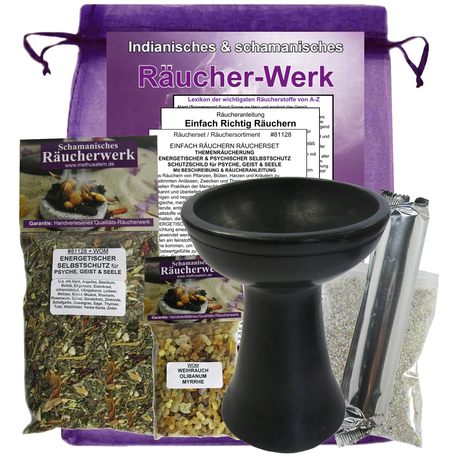 RÄUCHERWERK 7-TLG Räucherset ENERGETISCHER SELBSTSCHUTZ & SPIRITUELLES SCHUTZSCHILD für Psyche, Geist & Seele + 2 x Räuchermischungen, ZUBEHÖR, Anleitung. 81128-SK