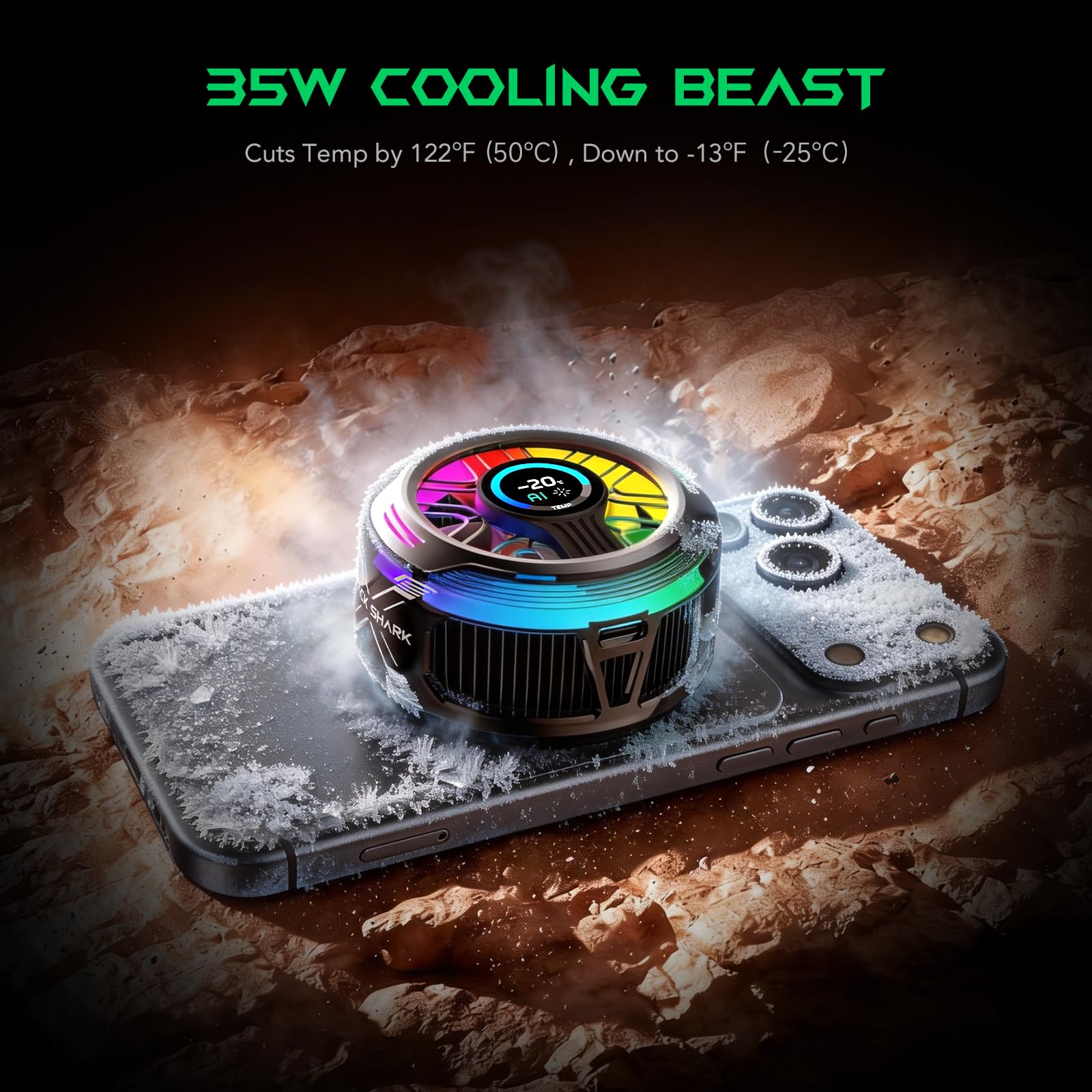Black Shark Magnetic Phone Cooler 6 Pro inteligentny wyświetlacz magnetyczny pierścień LED RGB wentylator sterowany aplikacją dla iPhone MagSafe, Android i iPad - gaming, streaming